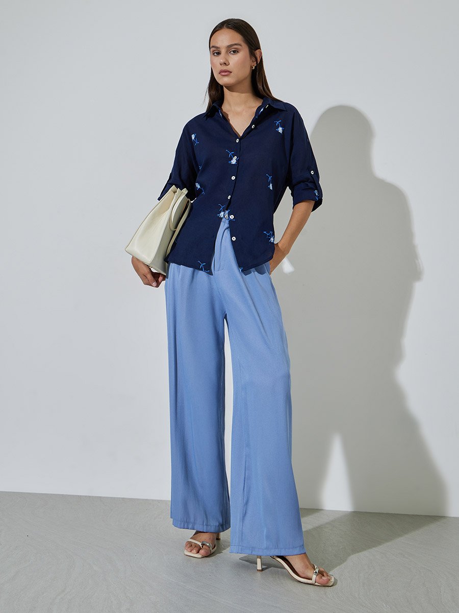 Navy Blue Floral Embroidery Long Sleeves Shirt
