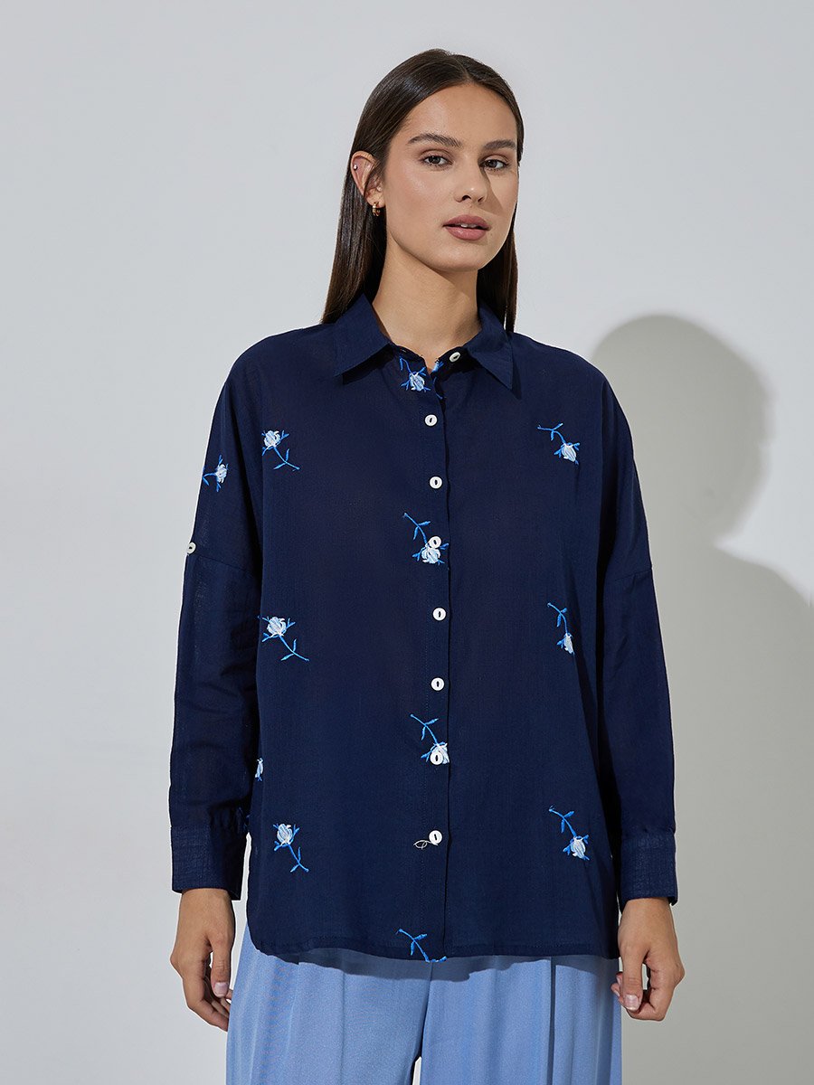 Navy Blue Floral Embroidery Long Sleeves Shirt