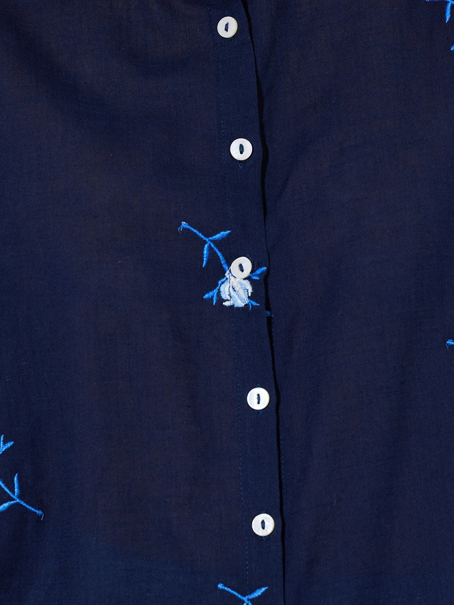 Navy Blue Floral Embroidery Long Sleeves Shirt