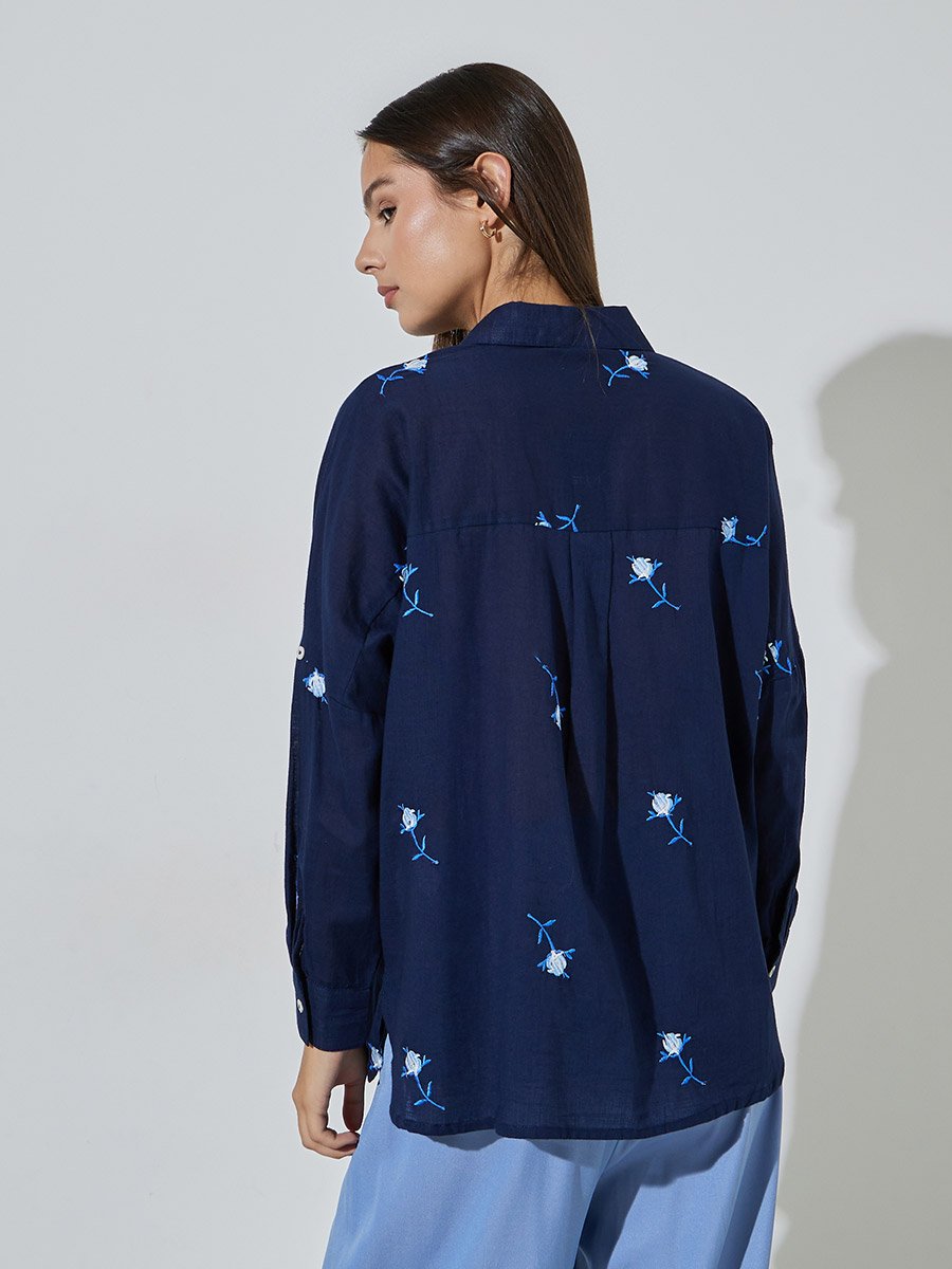 Navy Blue Floral Embroidery Long Sleeves Shirt