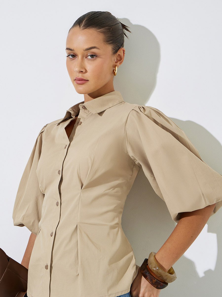 Beige Solid Puff Sleeves Peplum Shirt with Gathered Details