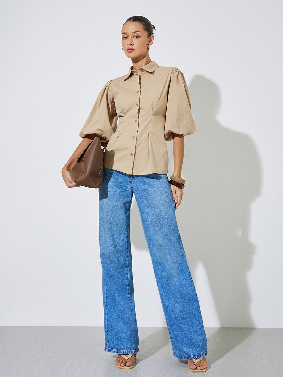 Beige Solid Puff Sleeves Peplum Shirt with Gathered Details
