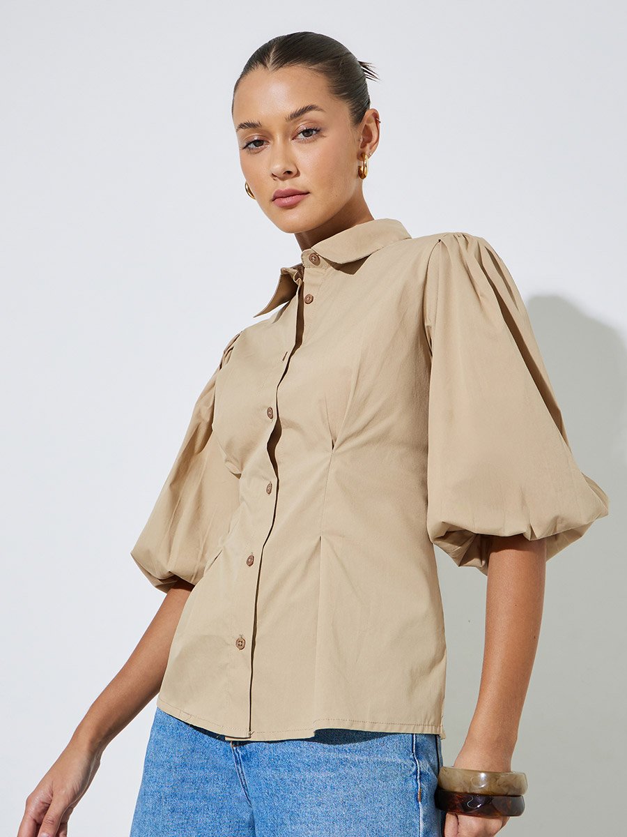 Beige Solid Puff Sleeves Peplum Shirt with Gathered Details