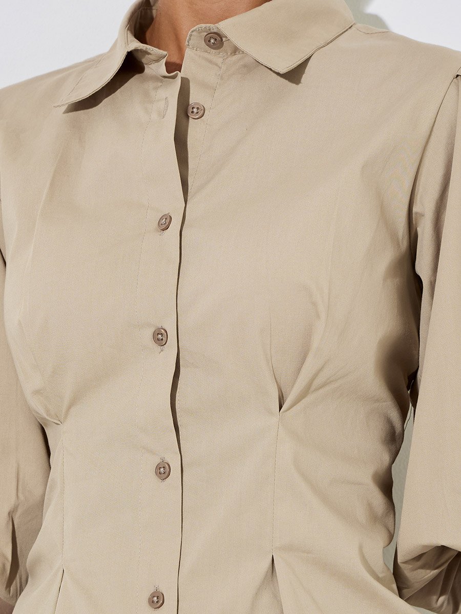Beige Solid Puff Sleeves Peplum Shirt with Gathered Details