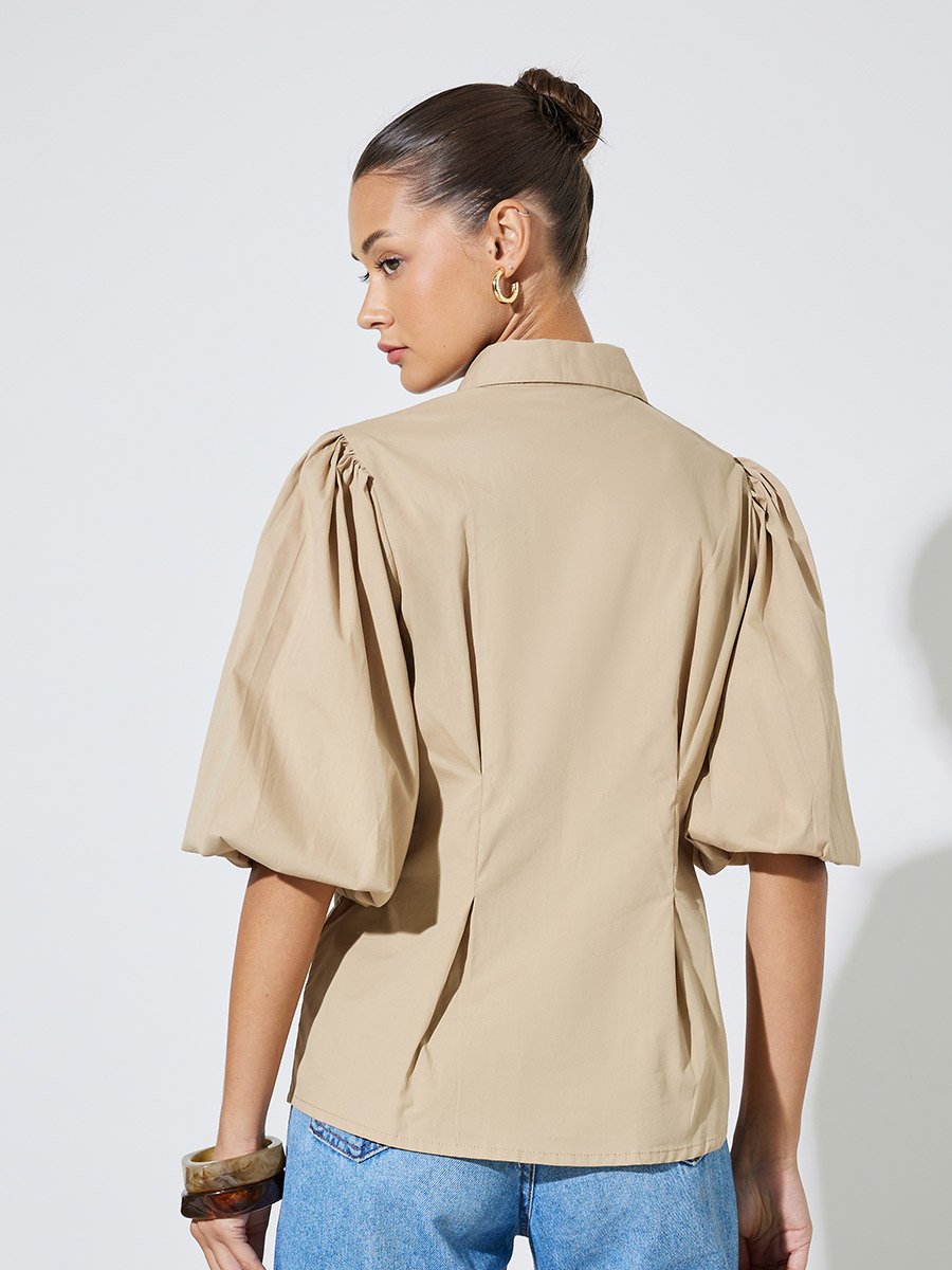 Beige Solid Puff Sleeves Peplum Shirt with Gathered Details