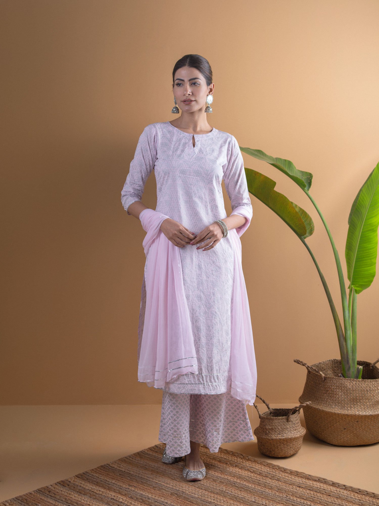 Pink Printed Viscose Straight Kurta with Palazzo and Dupatta Set