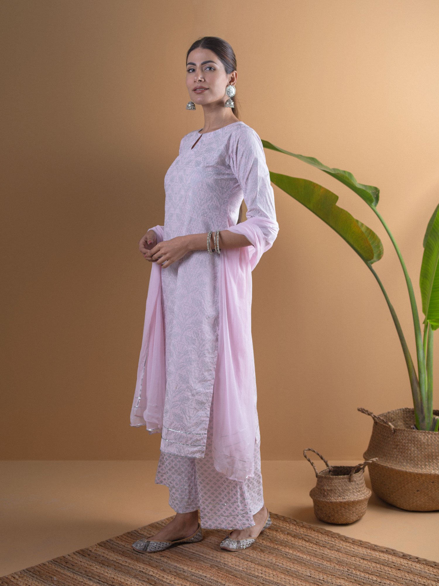 Pink Printed Viscose Straight Kurta with Palazzo and Dupatta Set