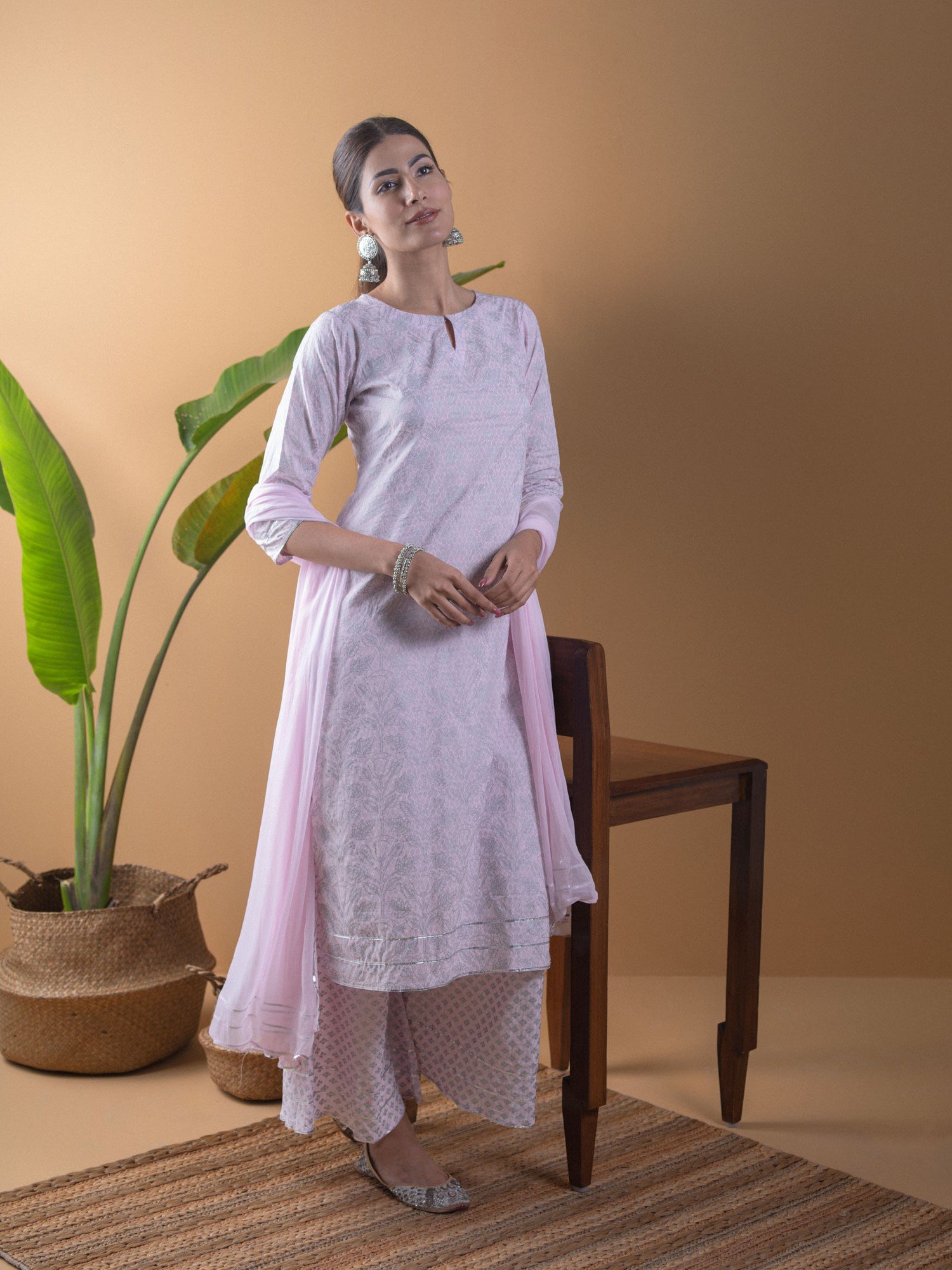 Pink Printed Viscose Straight Kurta with Palazzo and Dupatta Set