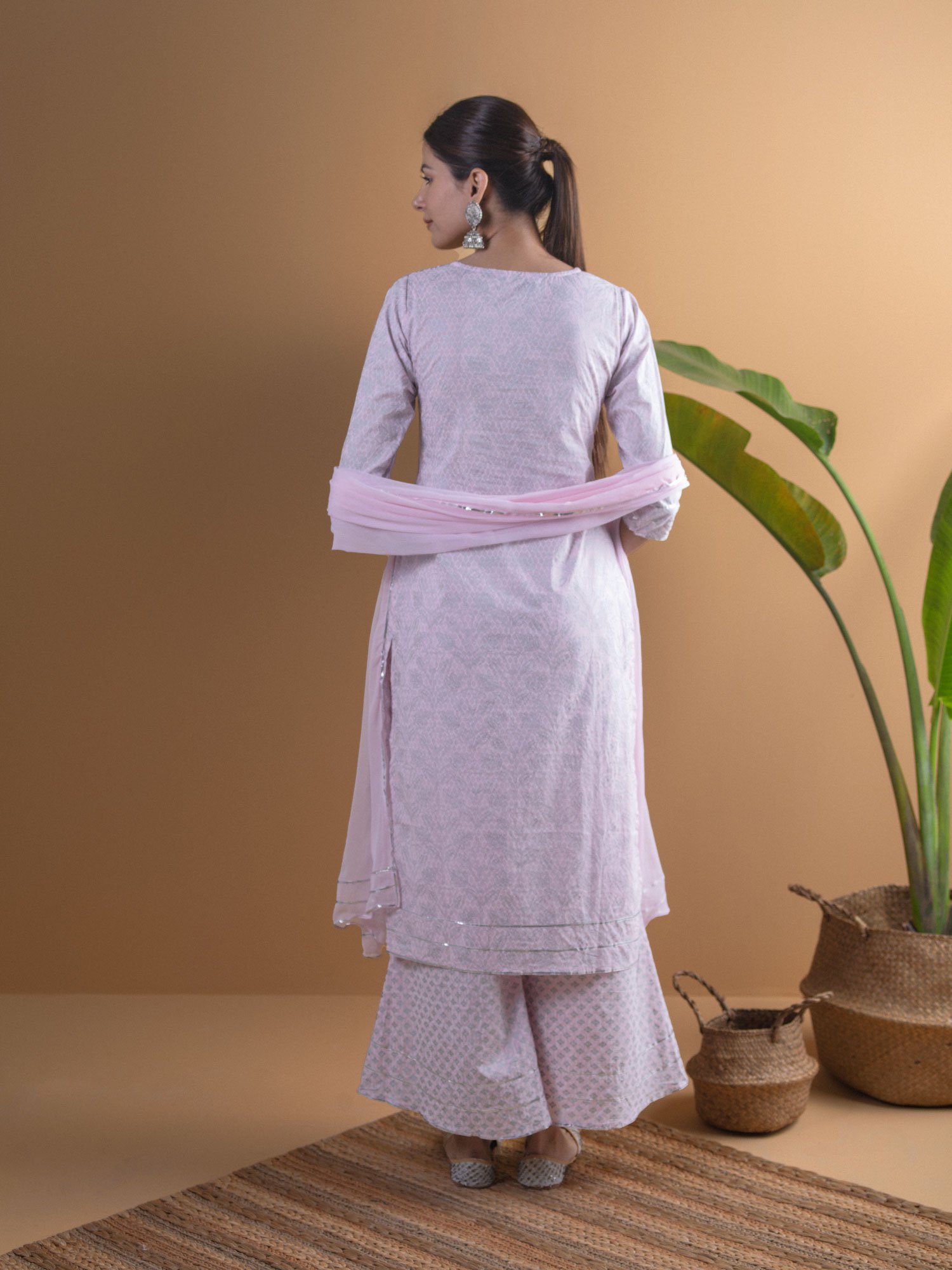 Pink Printed Viscose Straight Kurta with Palazzo and Dupatta Set