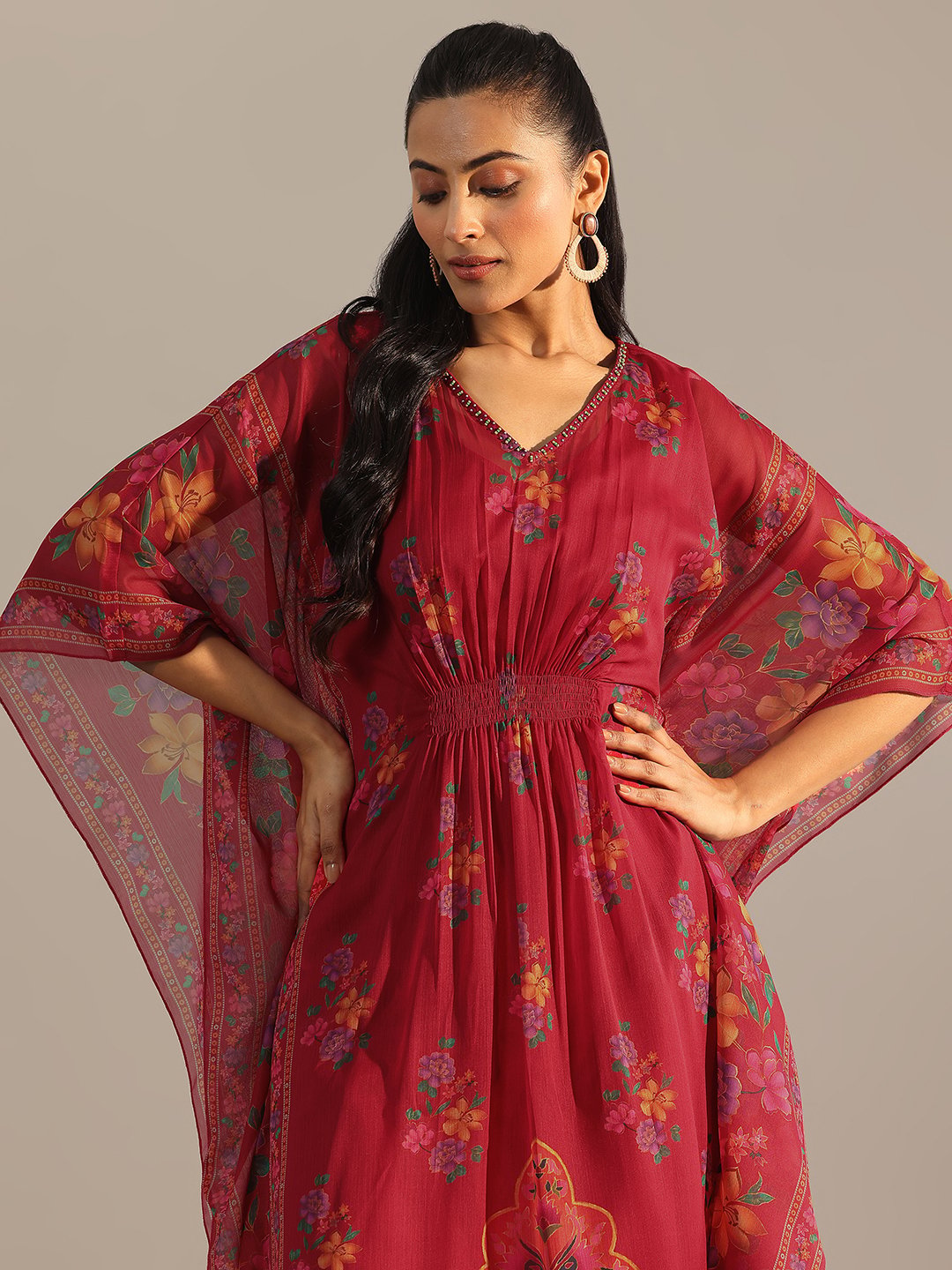 Maroon Printed Chiffon Kaftan Kurta with Trouser Set