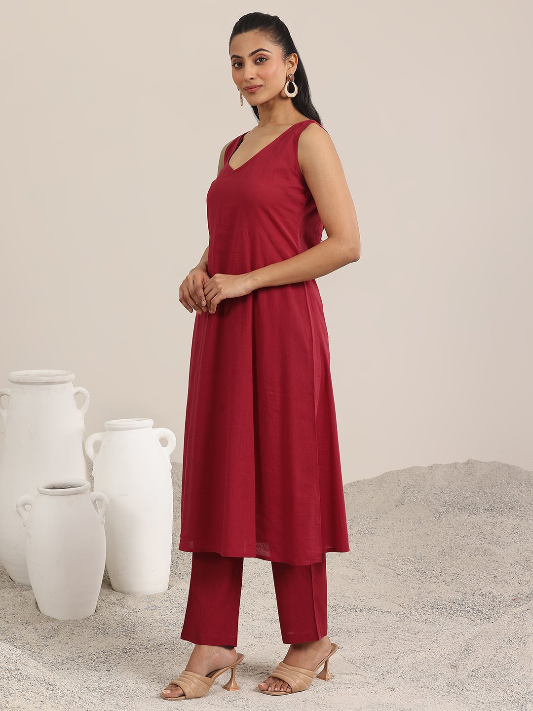 Maroon Printed Chiffon Kaftan Kurta with Trouser Set
