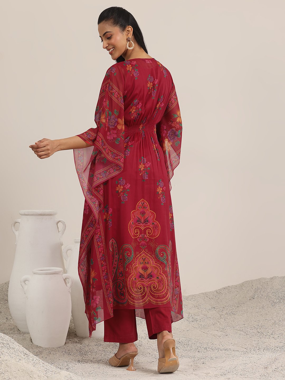 Maroon Printed Chiffon Kaftan Kurta with Trouser Set