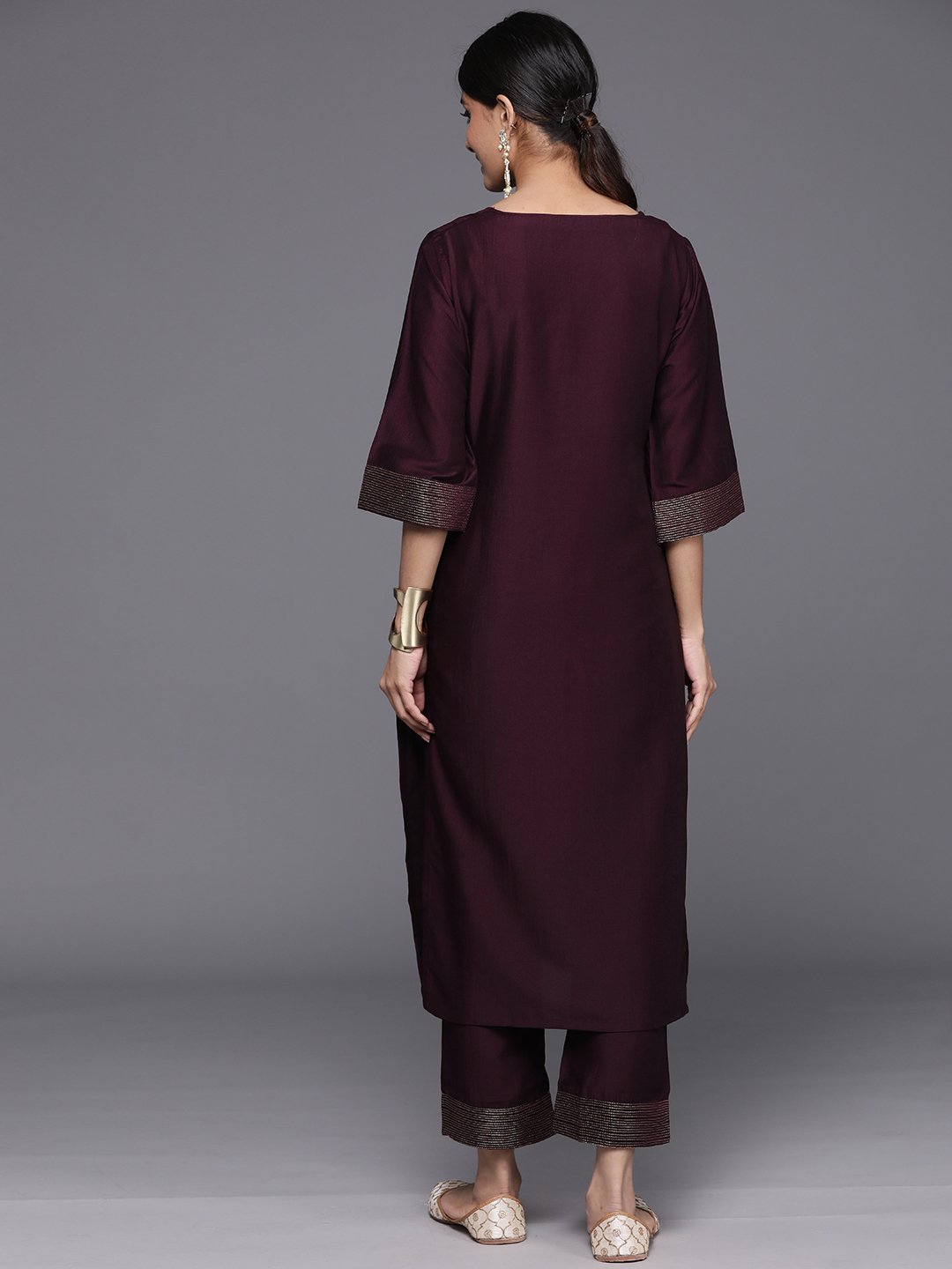 Burgundy Solid Silk Blend Straight Kurta with Trouser Set