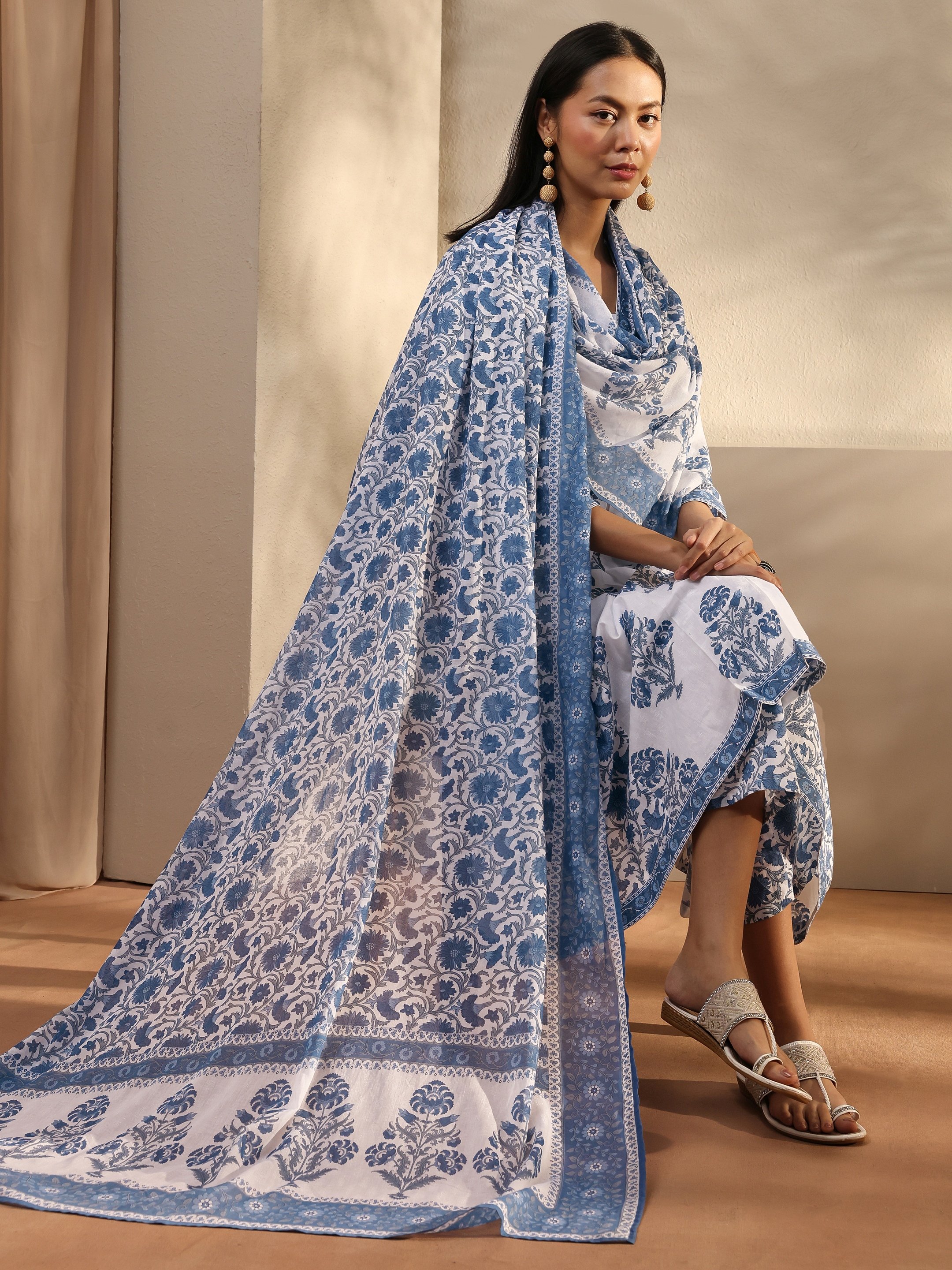 Blue Printed Cotton A-Line Kurta with Trouser and Dupatta Set