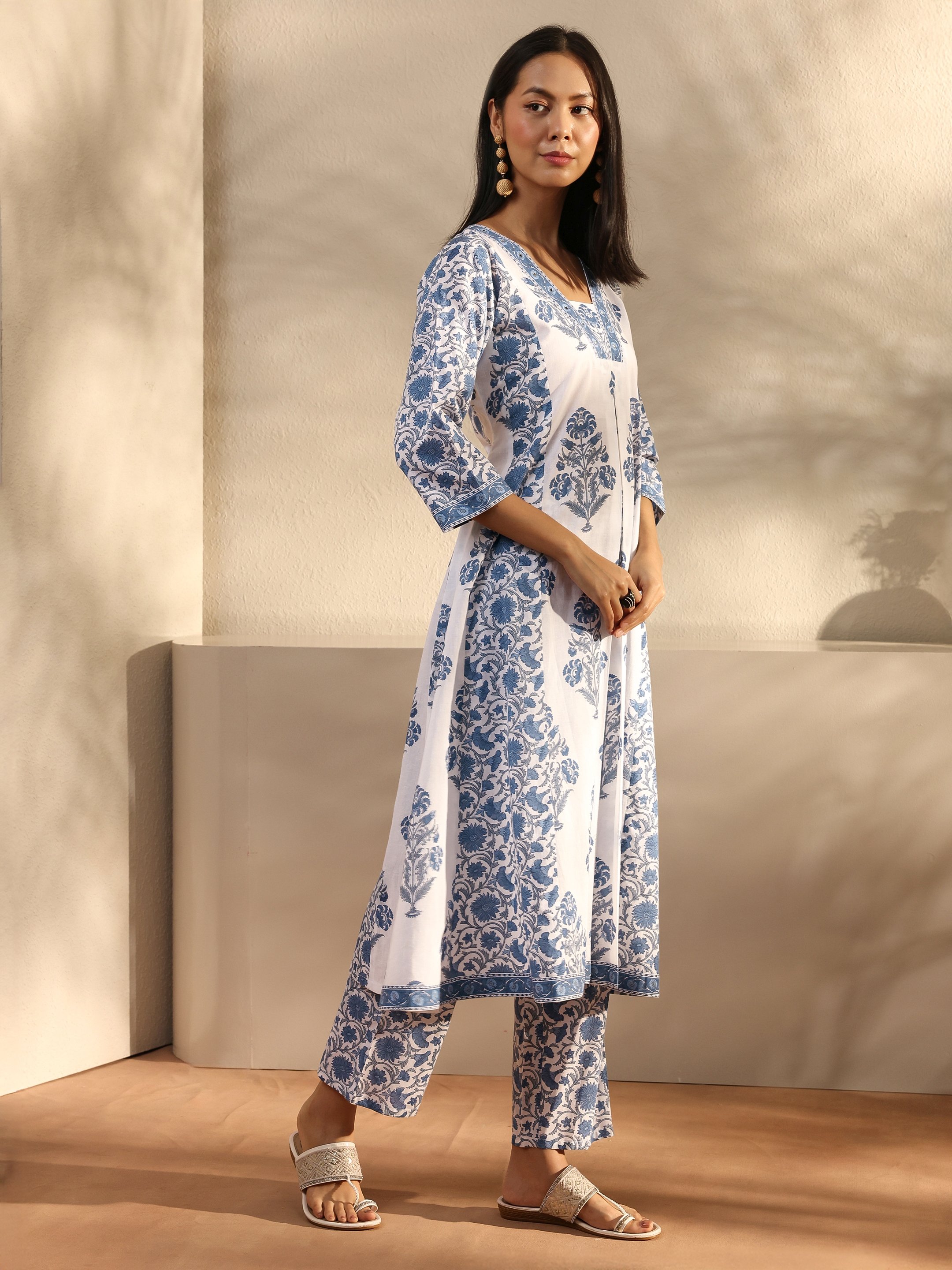 Blue Printed Cotton A-Line Kurta with Trouser and Dupatta Set
