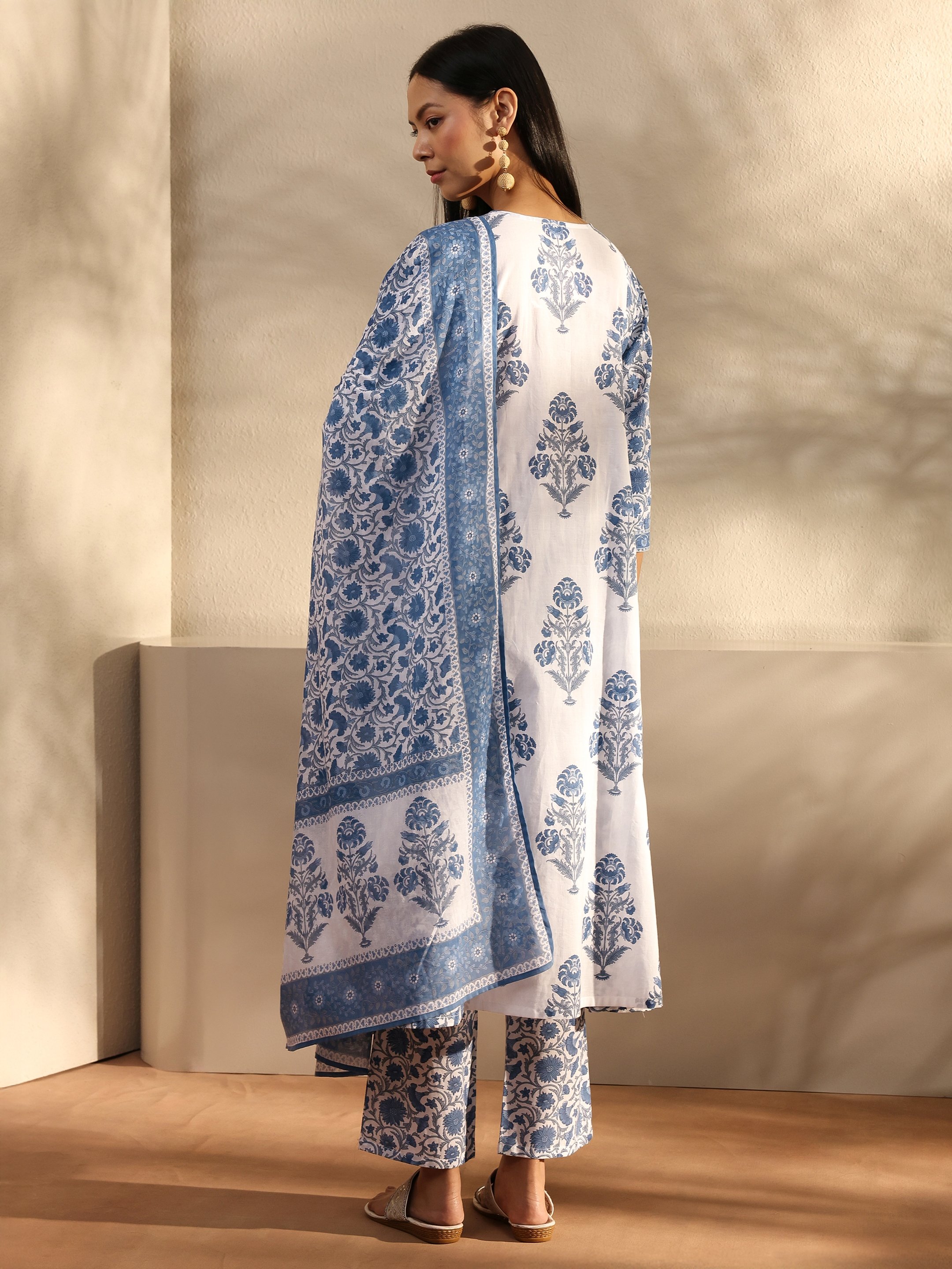 Blue Printed Cotton A-Line Kurta with Trouser and Dupatta Set