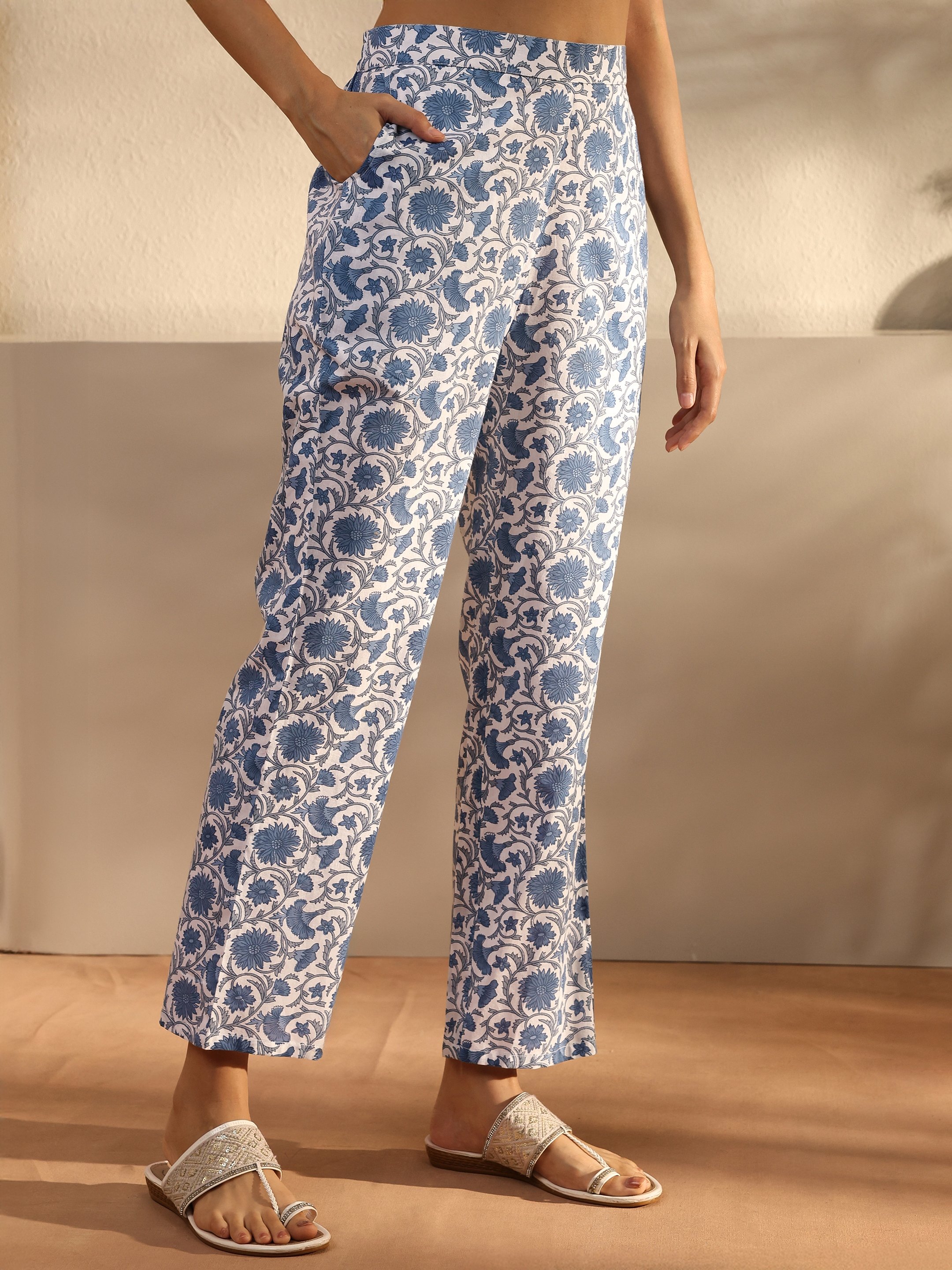 Blue Printed Cotton A-Line Kurta with Trouser and Dupatta Set
