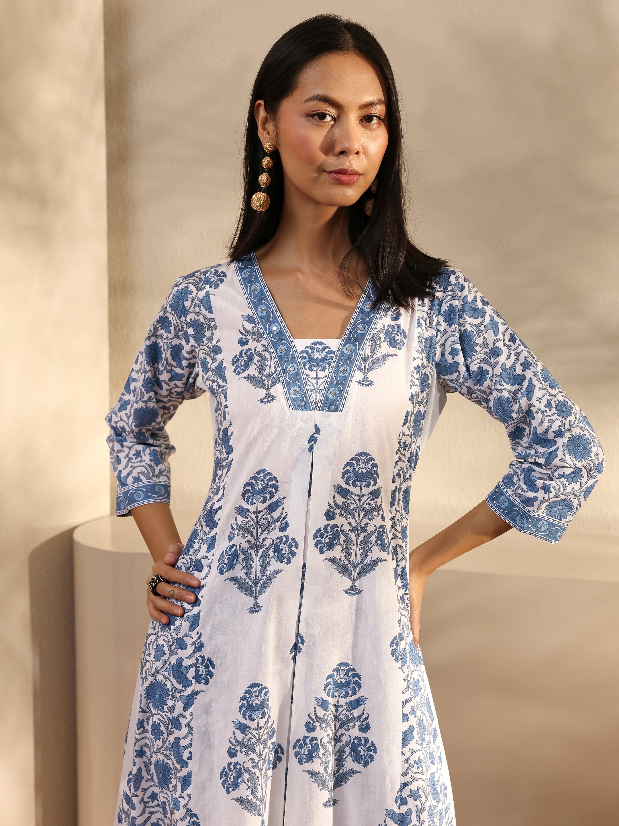 Blue Printed Cotton A-Line Kurta with Trouser and Dupatta Set