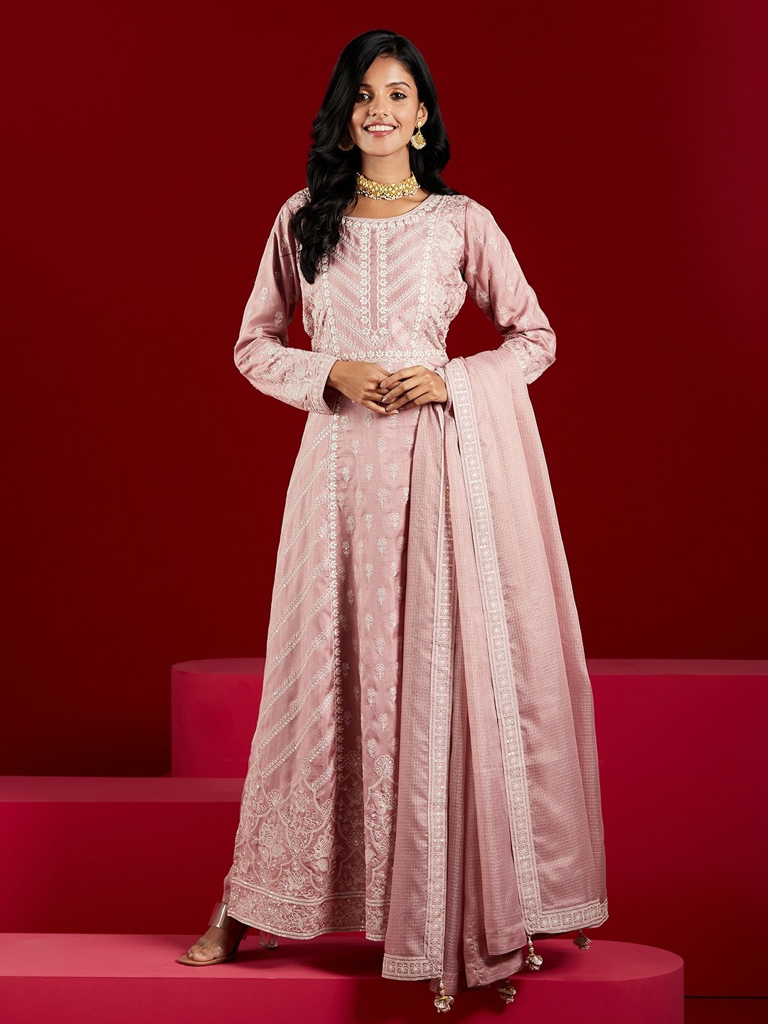 Pink Embroidered Silk A-Line Kurta with Trouser and Dupatta Set