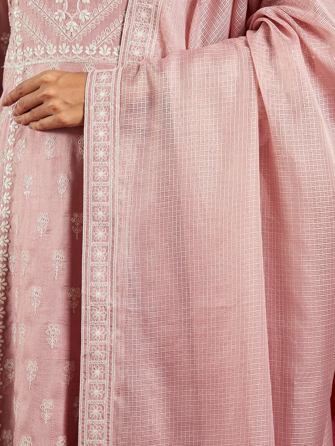 Pink Embroidered Silk A-Line Kurta with Trouser and Dupatta Set