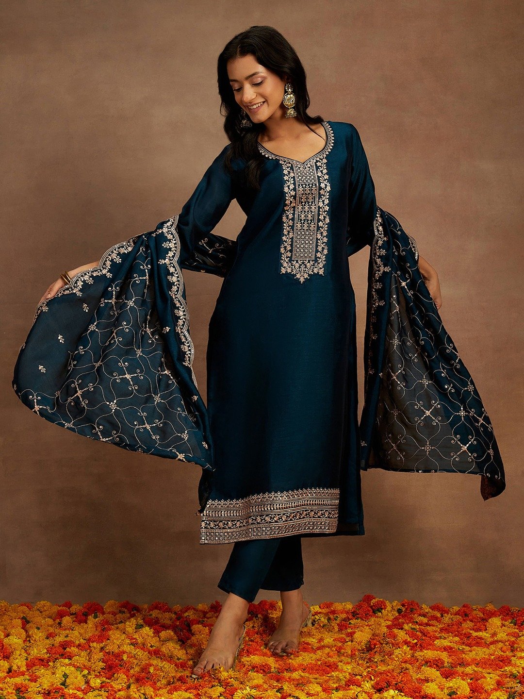 Teal Embroidered Silk Blend Straight Kurta with Trouser and Dupatta Set