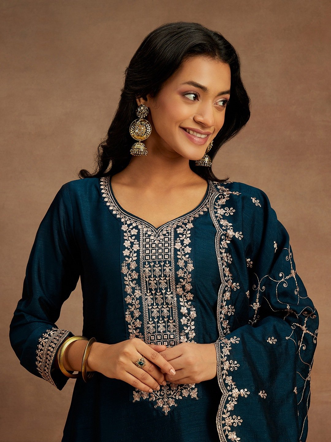 Teal Embroidered Silk Blend Straight Kurta with Trouser and Dupatta Set