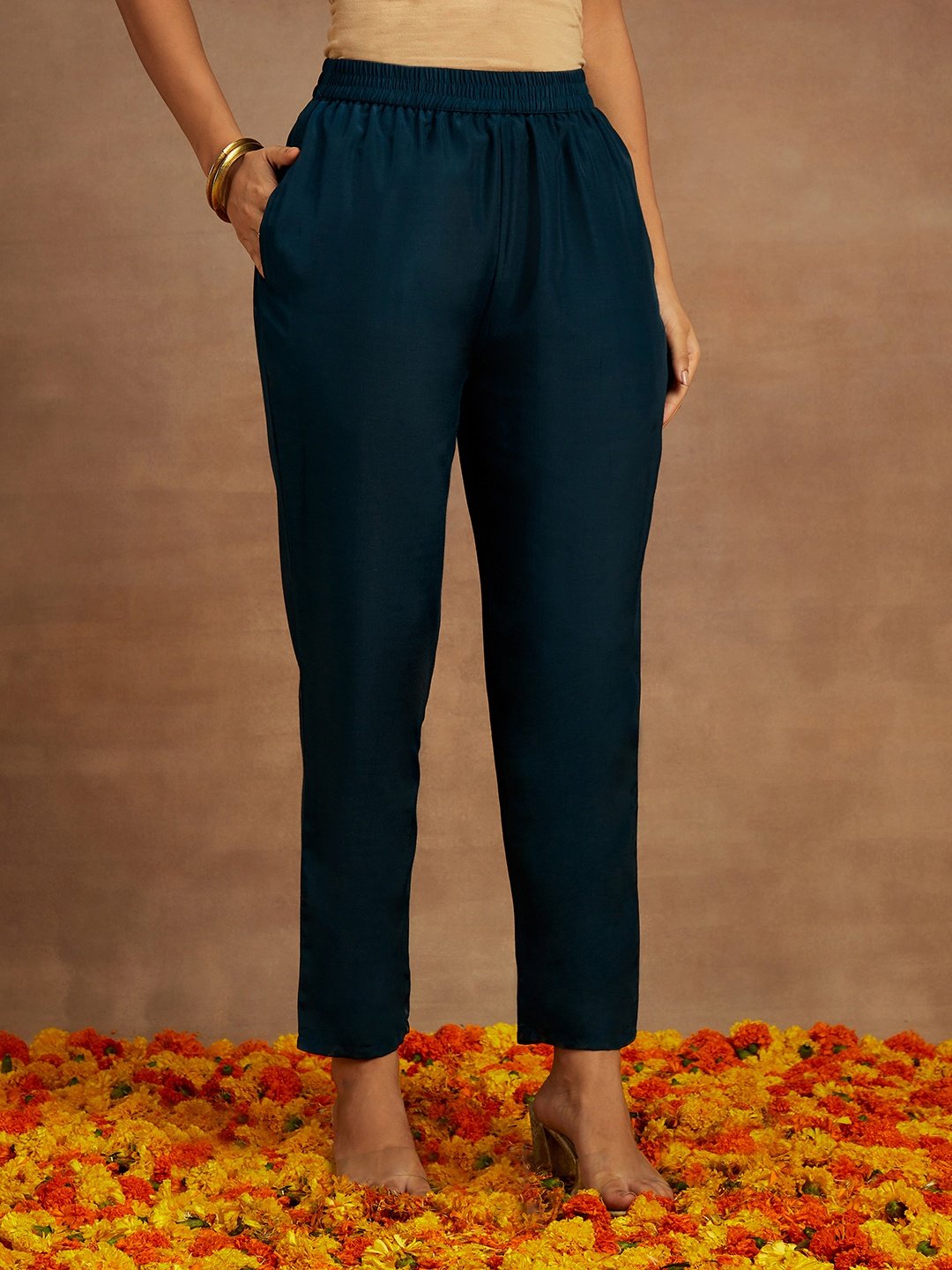 Teal Embroidered Silk Blend Straight Kurta with Trouser and Dupatta Set