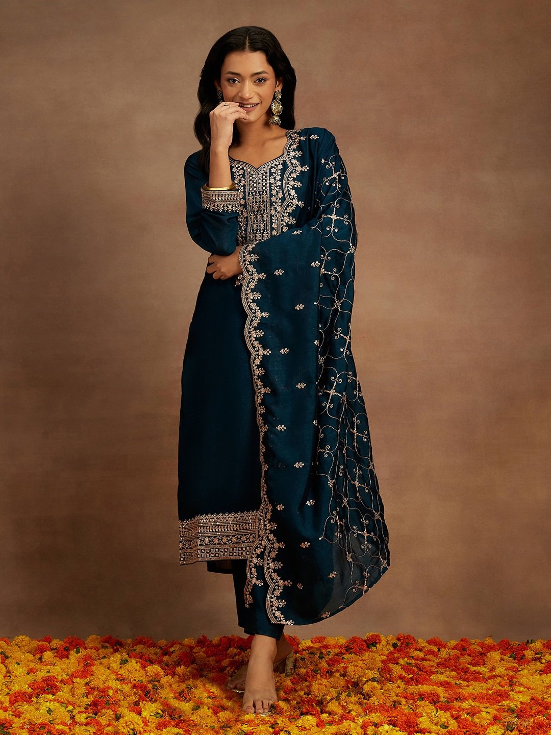 Teal Embroidered Silk Blend Straight Kurta with Trouser and Dupatta Set