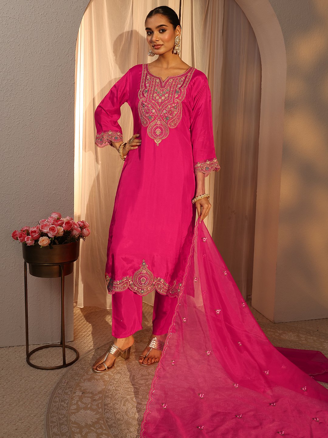 Pink Embroidered Silk Blend Straight Kurta with Trouser and Dupatta Set