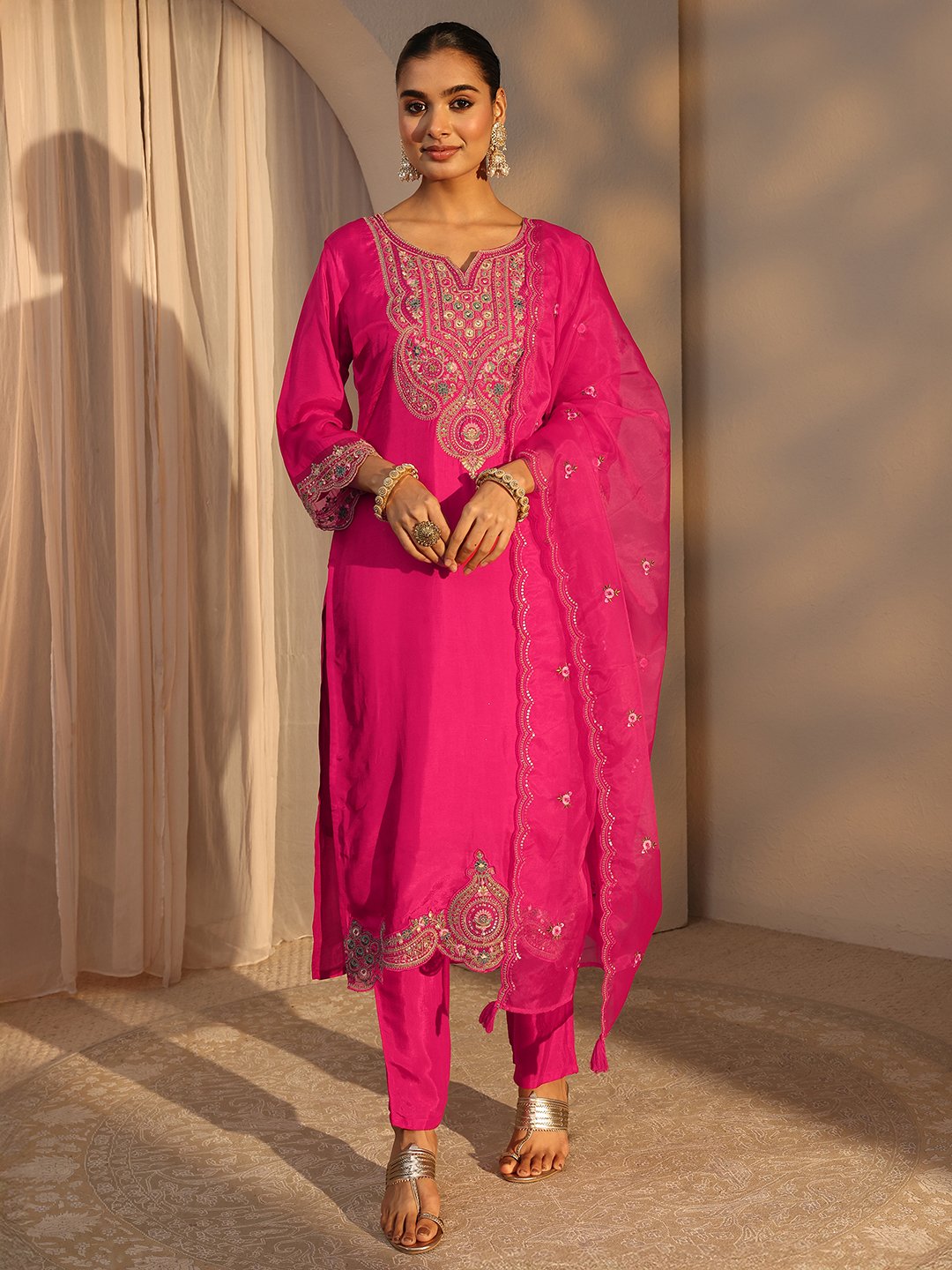 Pink Embroidered Silk Blend Straight Kurta with Trouser and Dupatta Set