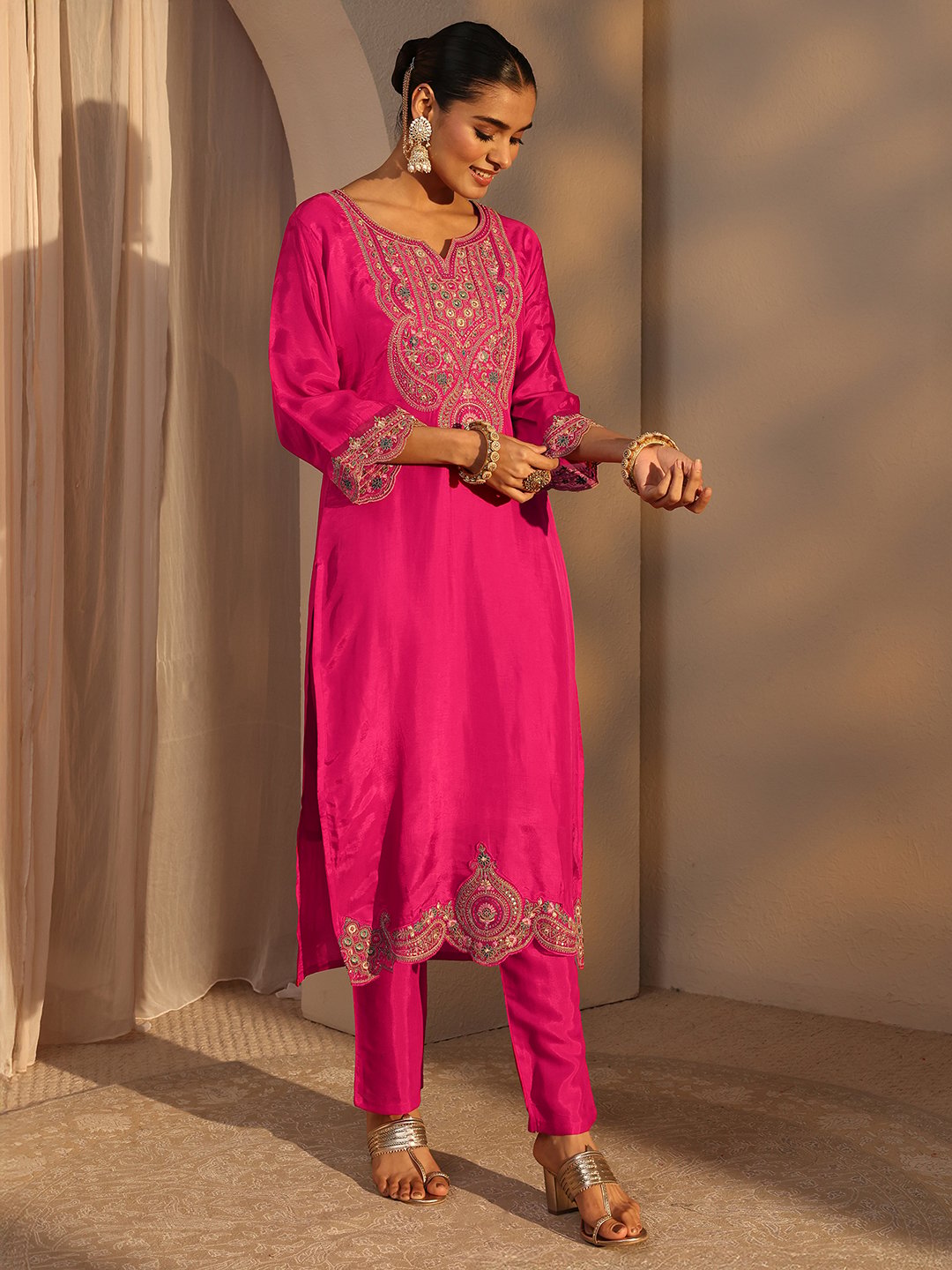 Pink Embroidered Silk Blend Straight Kurta with Trouser and Dupatta Set
