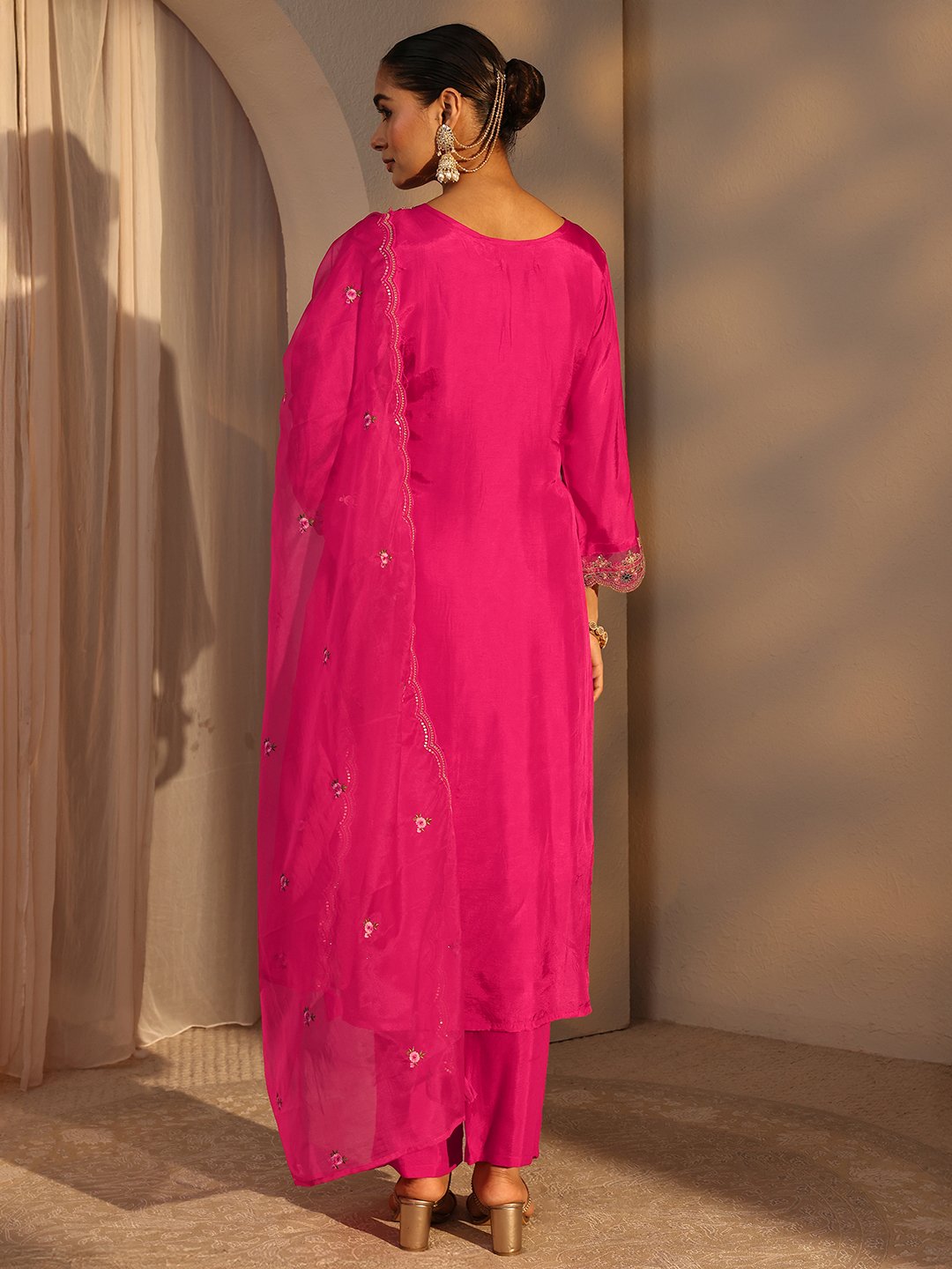 Pink Embroidered Silk Blend Straight Kurta with Trouser and Dupatta Set