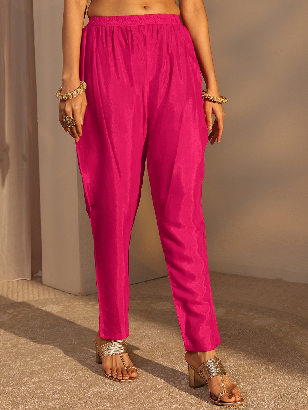 Pink Embroidered Silk Blend Straight Kurta with Trouser and Dupatta Set