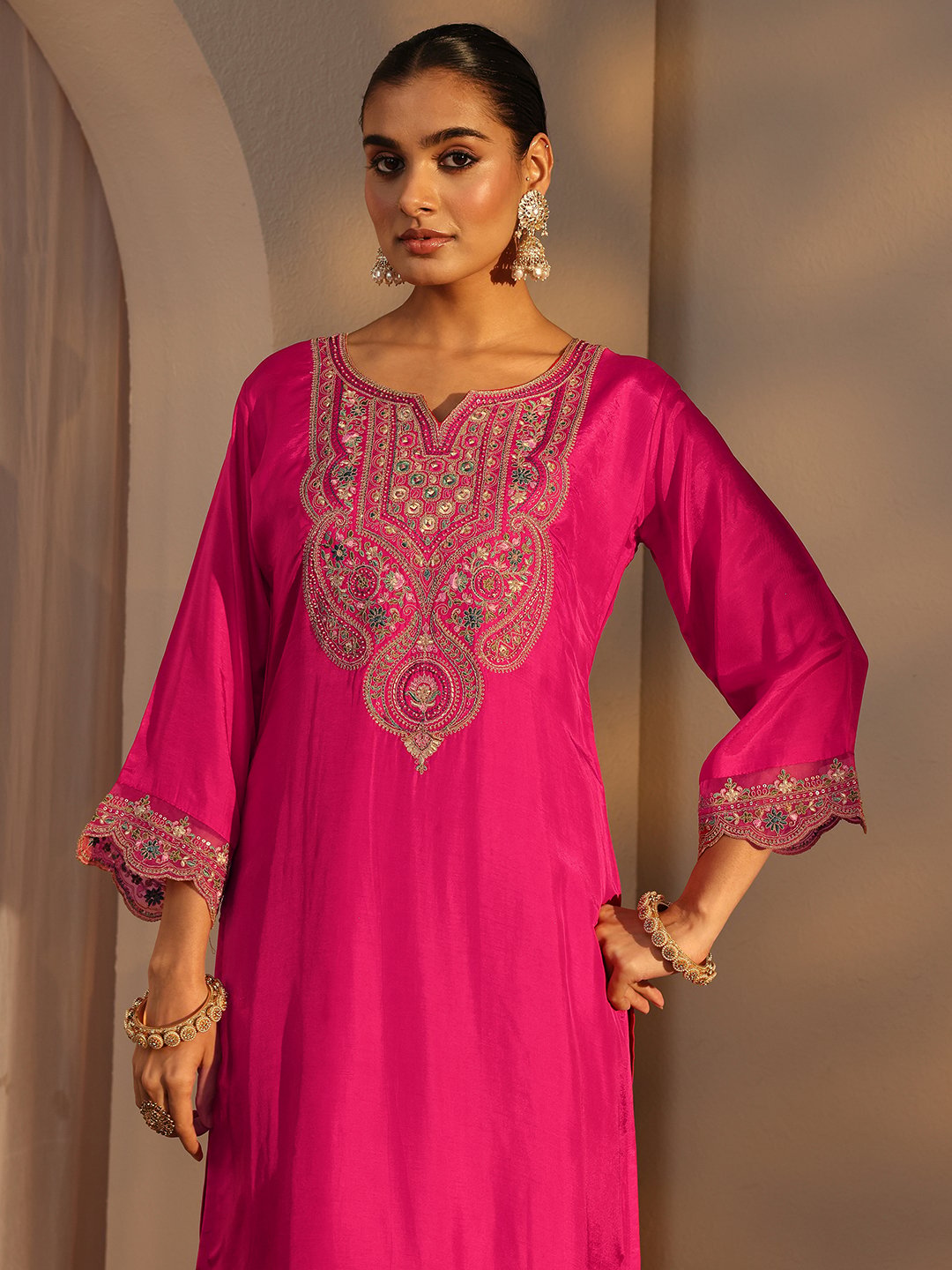 Pink Embroidered Silk Blend Straight Kurta with Trouser and Dupatta Set