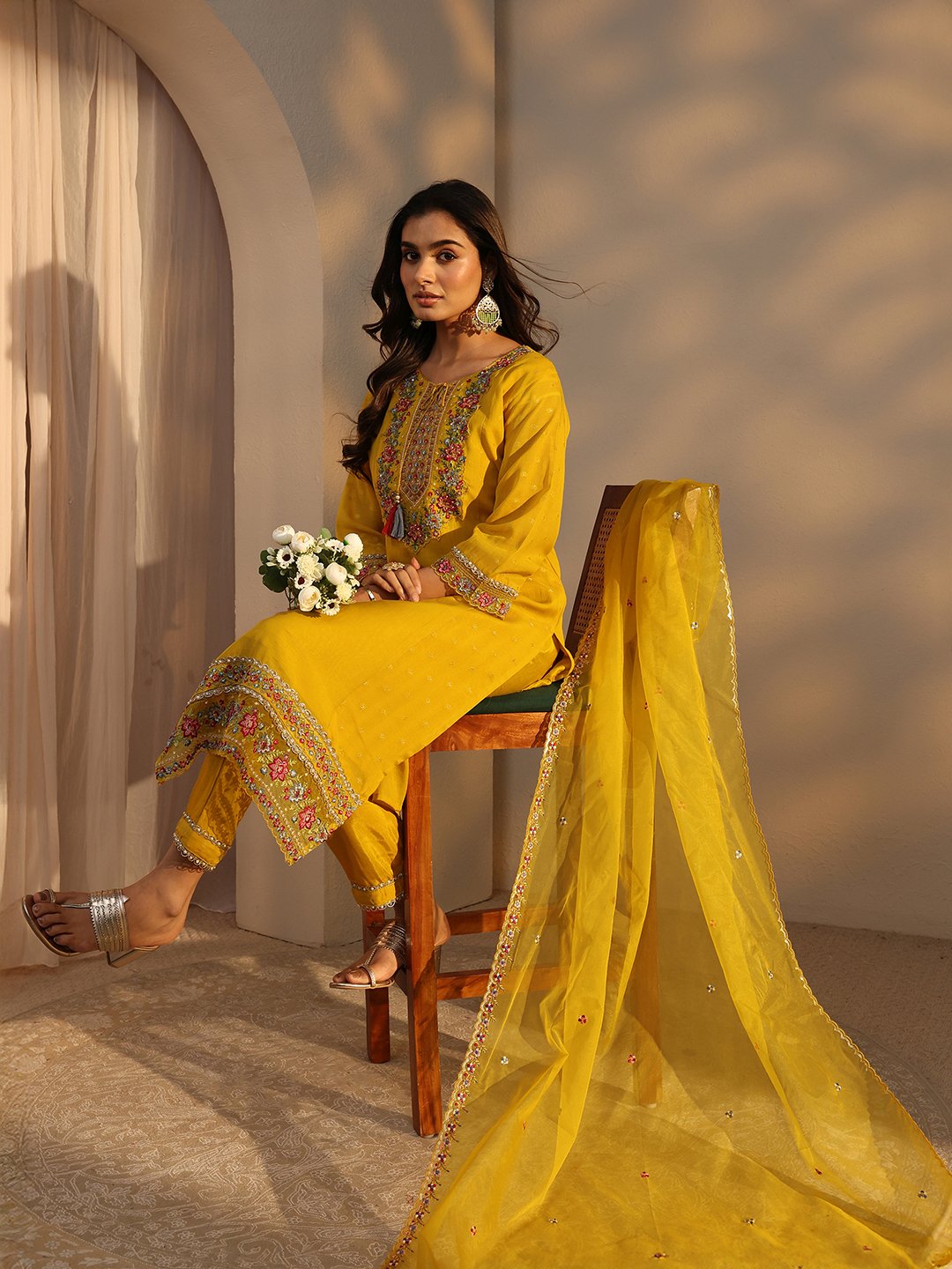 Mustard Self Design Cotton Straight Kurta with Trouser and Dupatta Set
