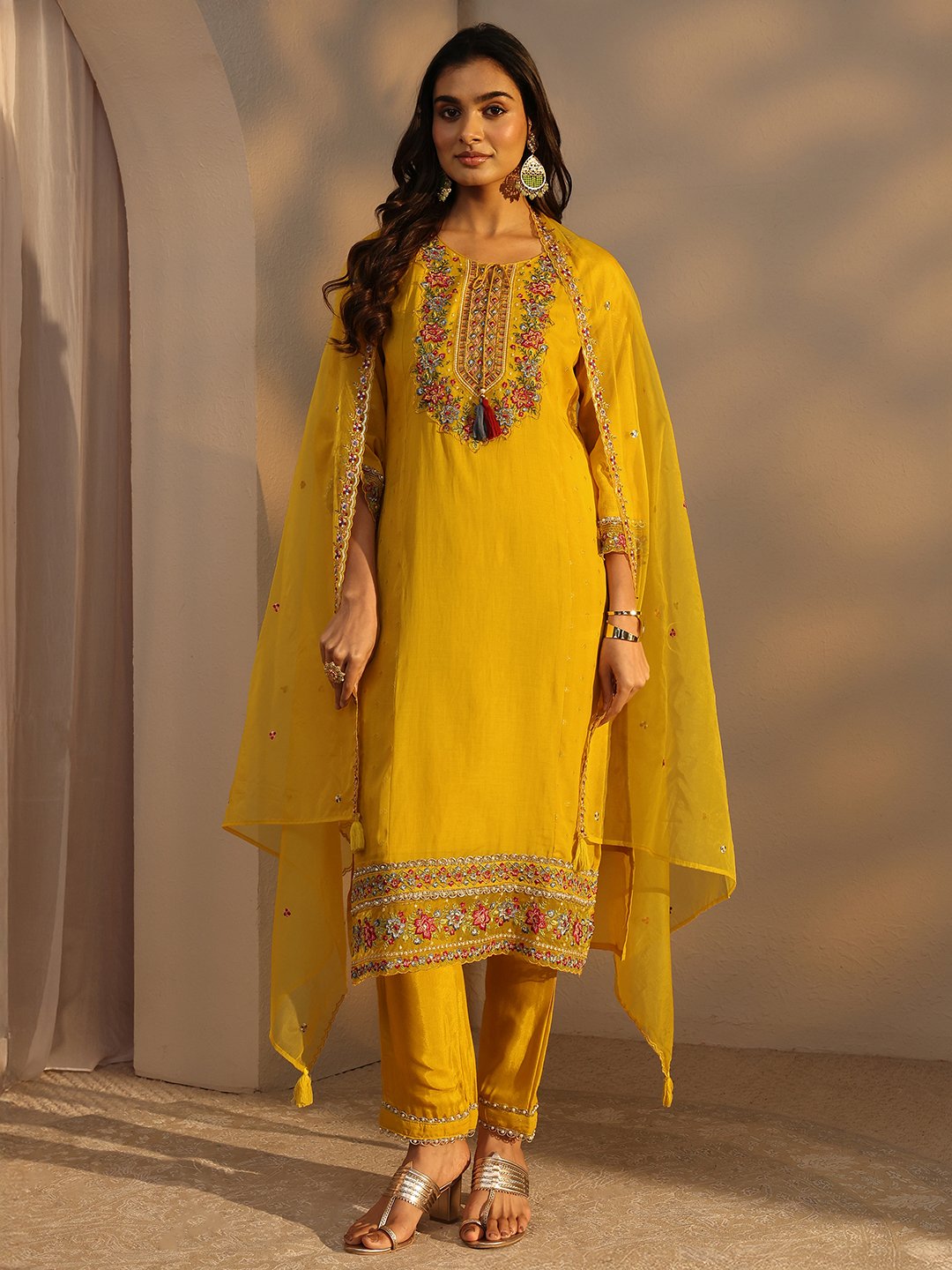 Mustard Self Design Cotton Straight Kurta with Trouser and Dupatta Set