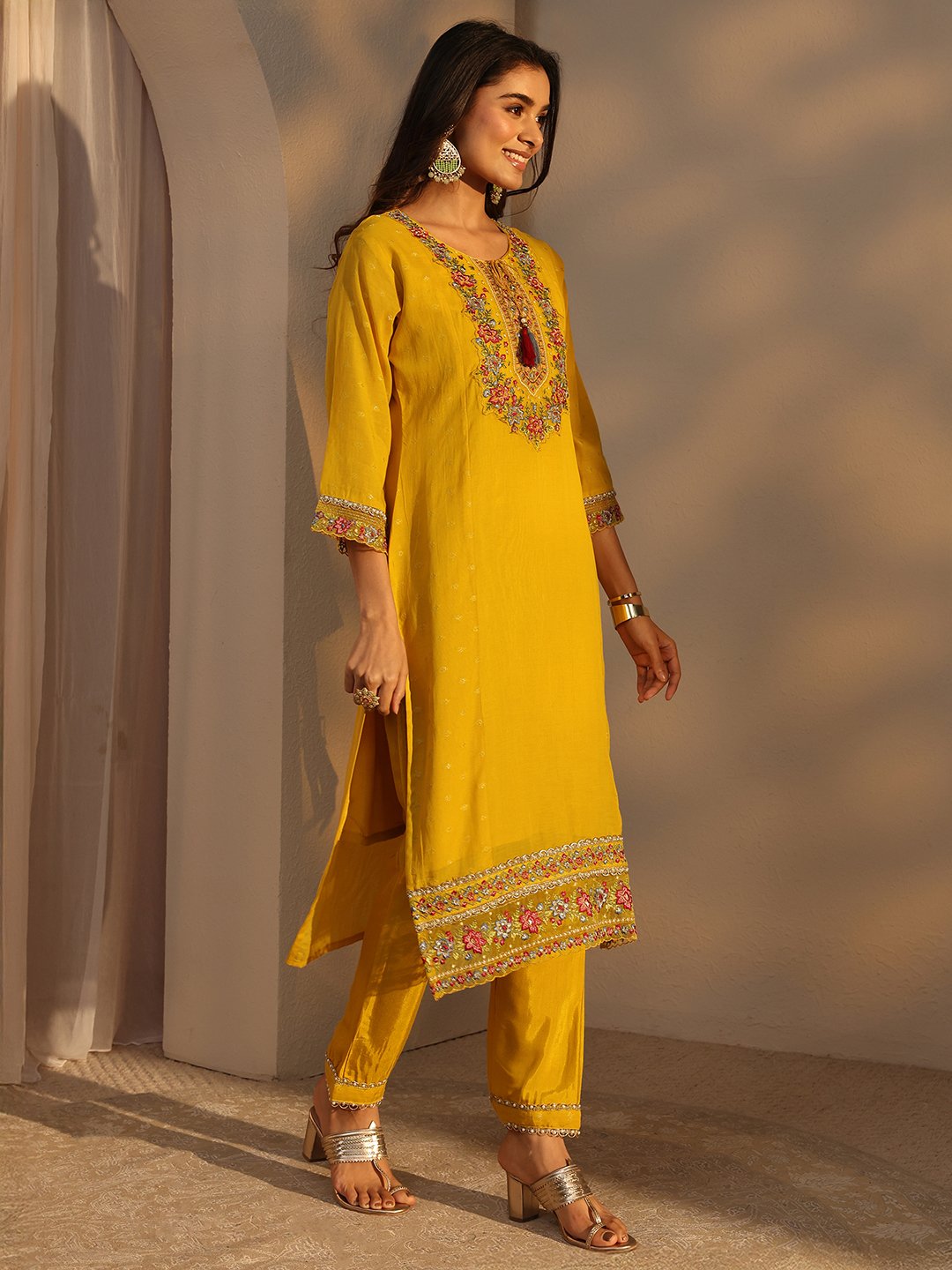 Mustard Self Design Cotton Straight Kurta with Trouser and Dupatta Set