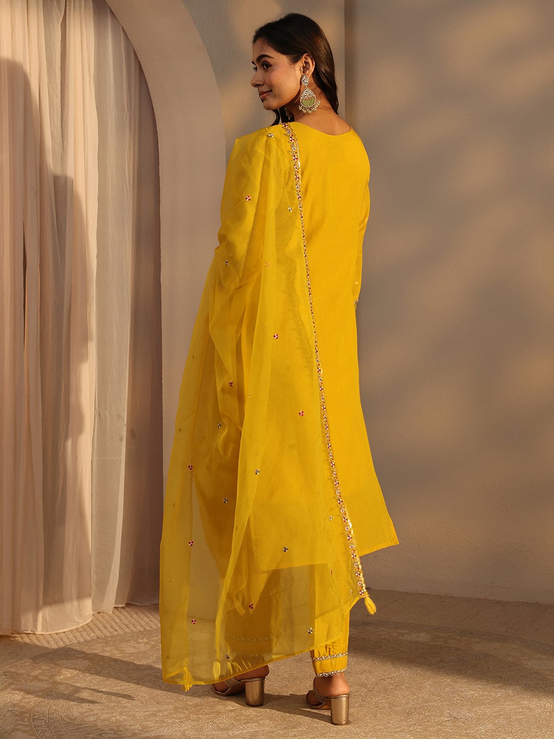 Mustard Self Design Cotton Straight Kurta with Trouser and Dupatta Set