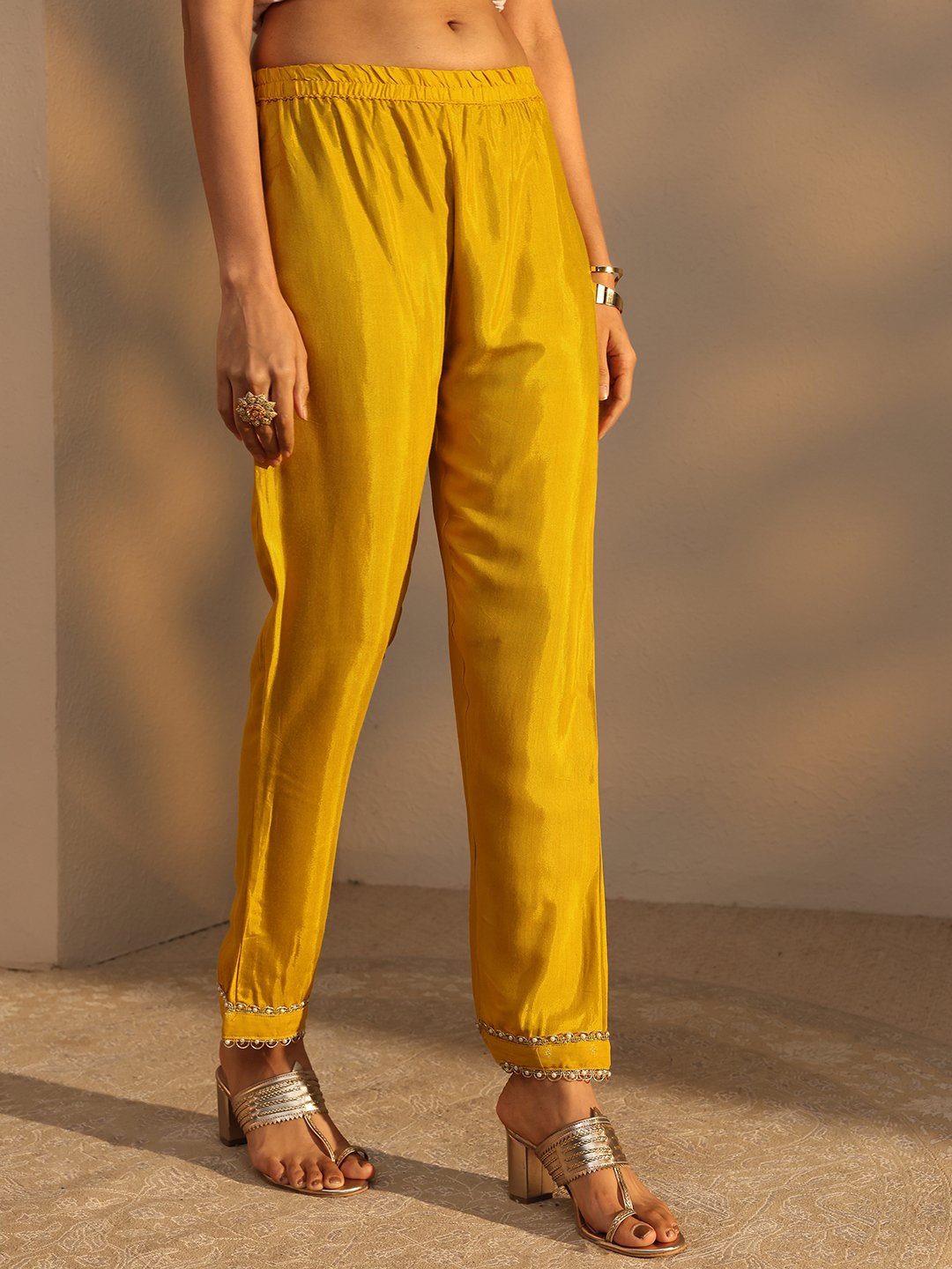 Mustard Self Design Cotton Straight Kurta with Trouser and Dupatta Set