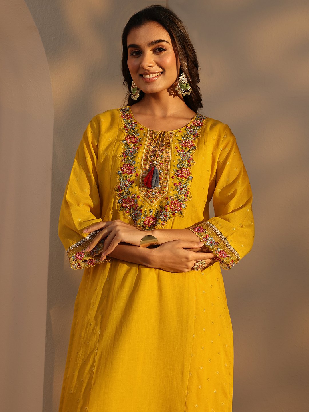Mustard Self Design Cotton Straight Kurta with Trouser and Dupatta Set