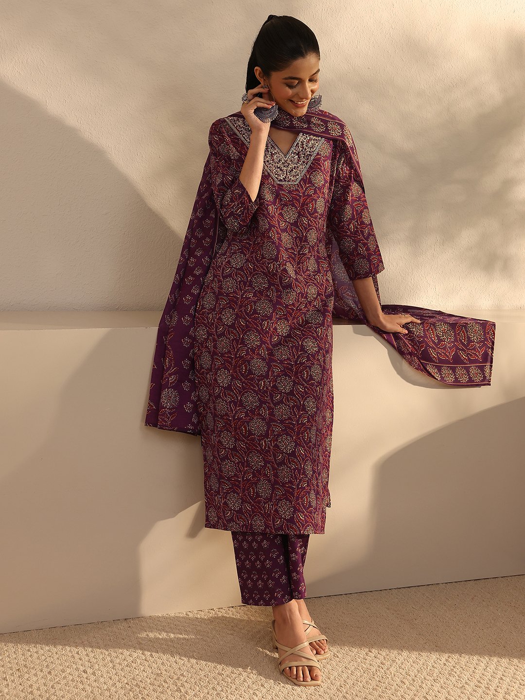 Maroon Printed Cotton Blend Straight Kurta with Trouser and Dupatta Set