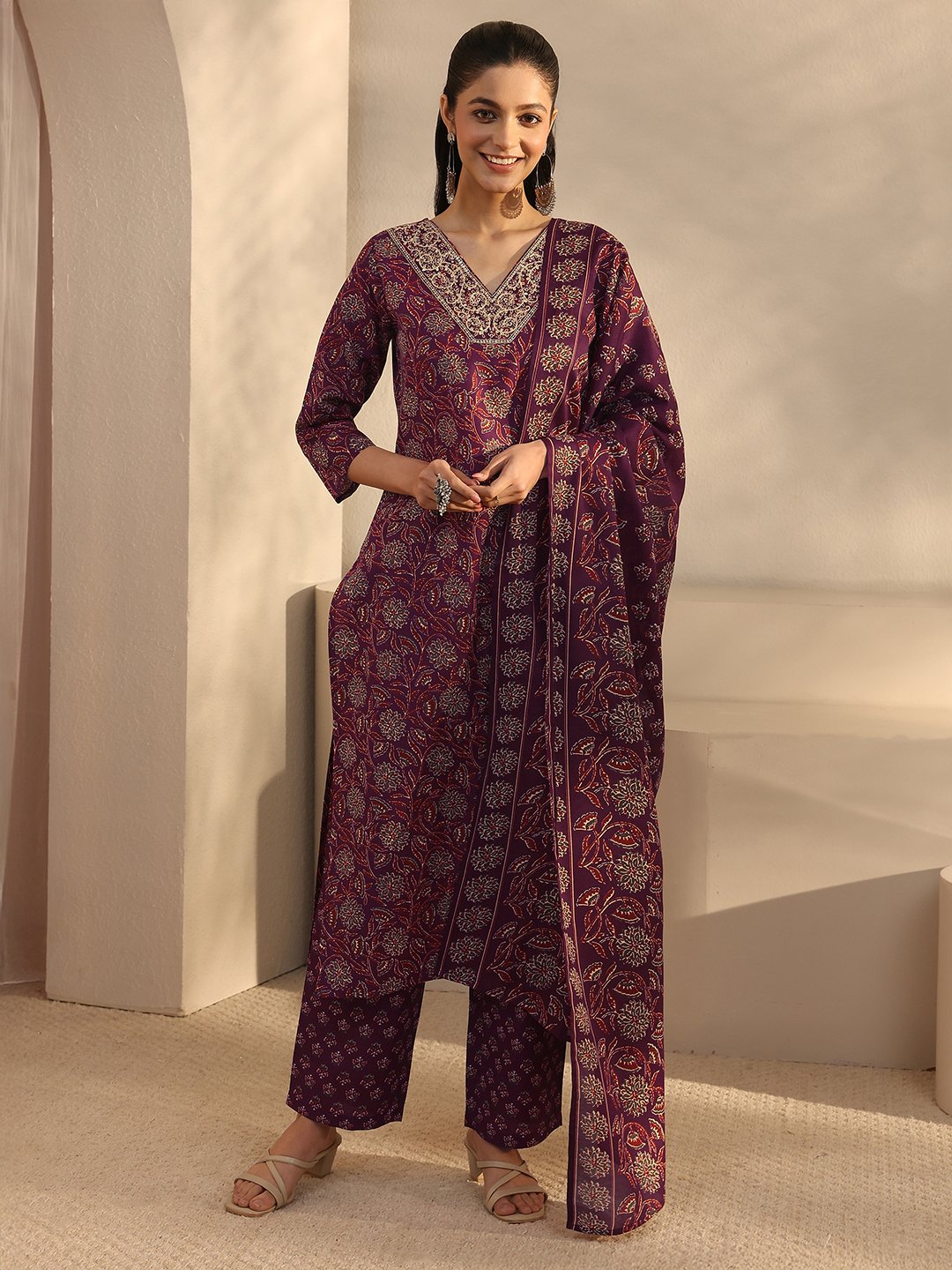 Maroon Printed Cotton Blend Straight Kurta with Trouser and Dupatta Set