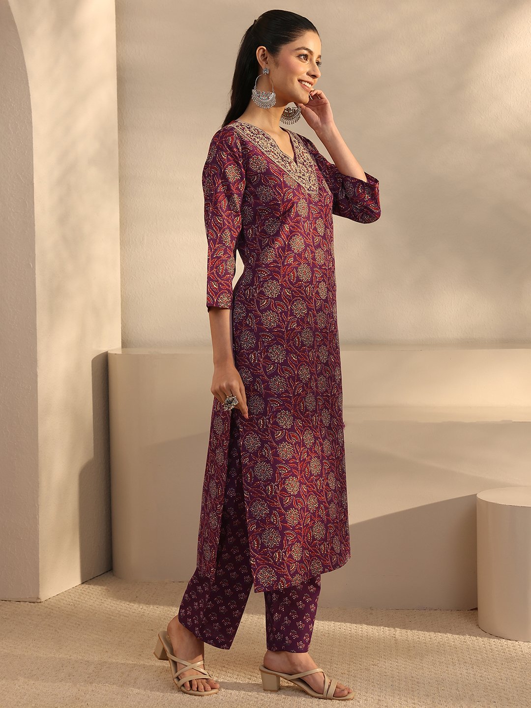 Maroon Printed Cotton Blend Straight Kurta with Trouser and Dupatta Set