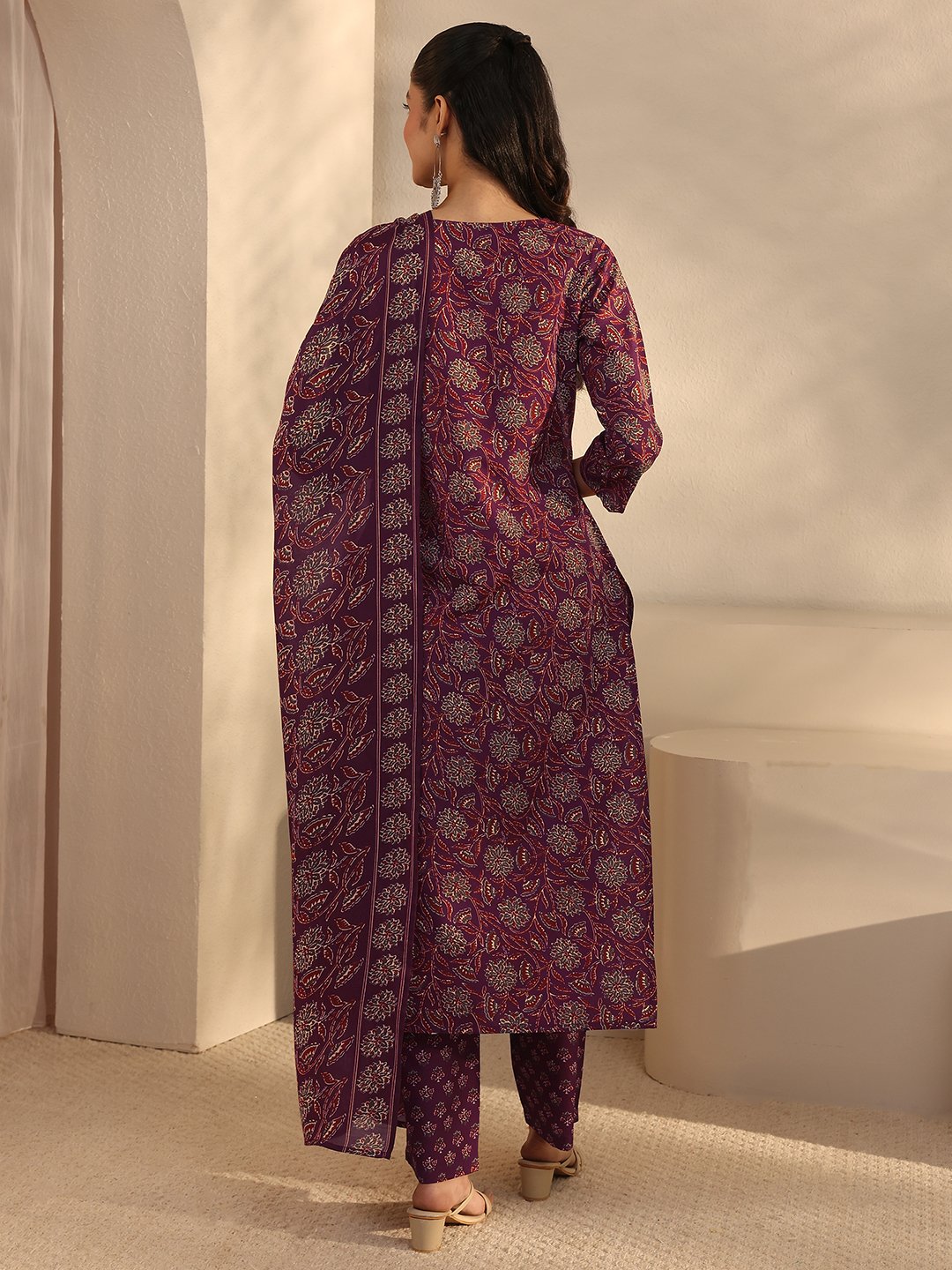 Maroon Printed Cotton Blend Straight Kurta with Trouser and Dupatta Set