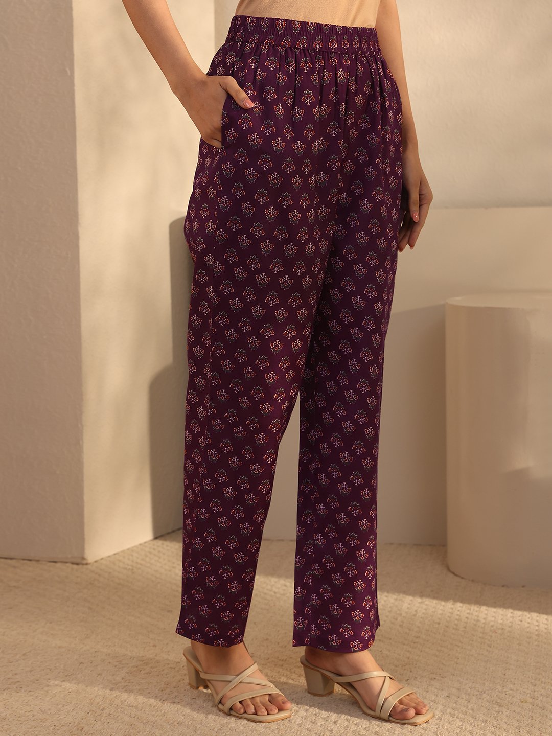 Maroon Printed Cotton Blend Straight Kurta with Trouser and Dupatta Set