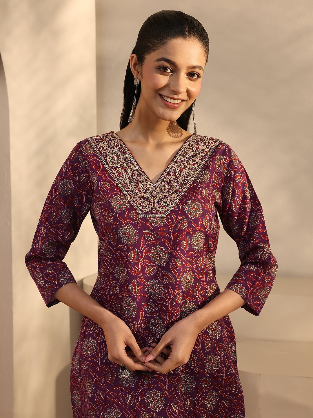 Maroon Printed Cotton Blend Straight Kurta with Trouser and Dupatta Set