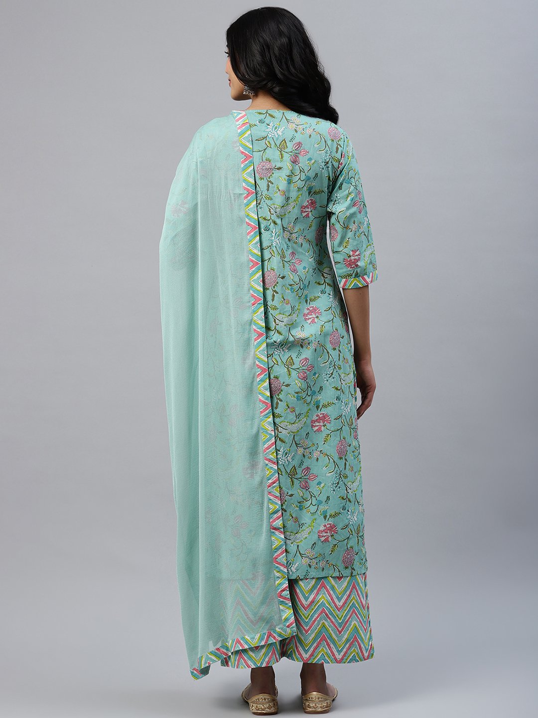 Multi Printed Cotton Straight Kurta with Palazzo and Dupatta Set