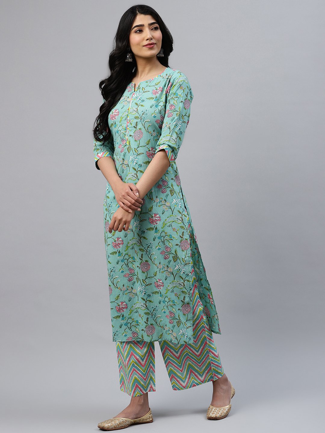 Multi Printed Cotton Straight Kurta with Palazzo and Dupatta Set