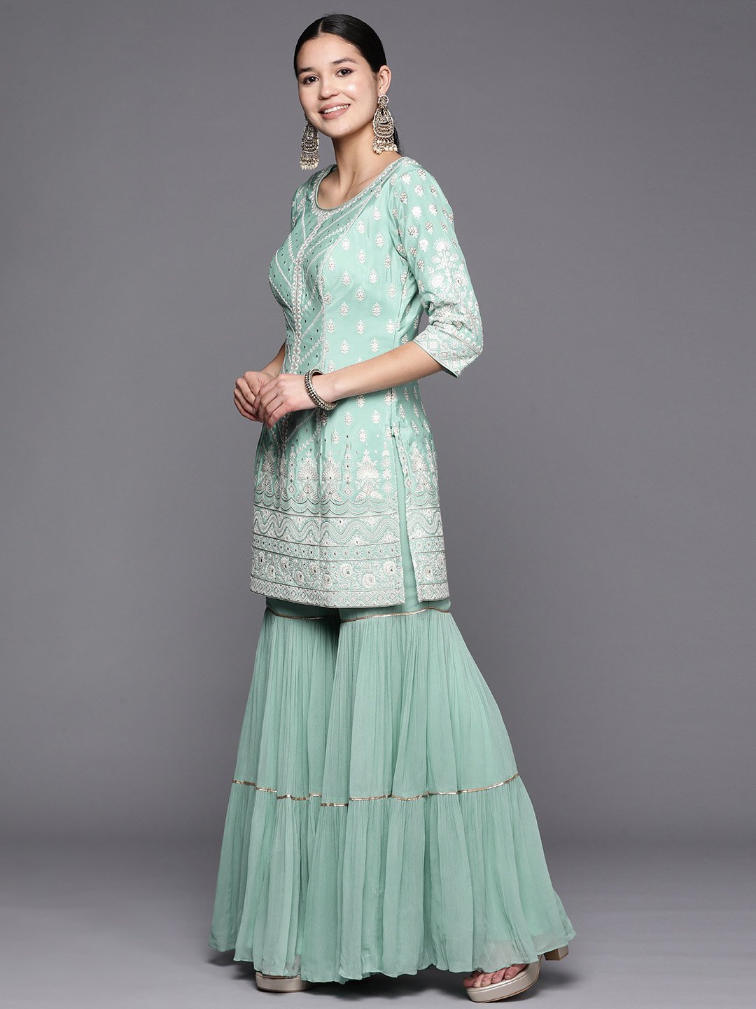 Sea Green Embroidered Silk Straight Kurti with Palazzo and Dupatta Set