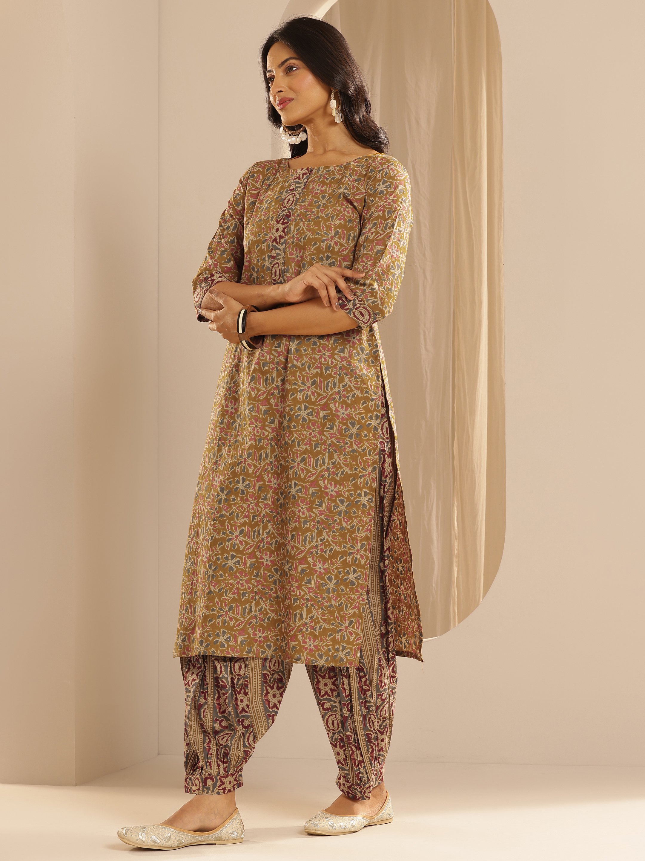 Mustard Printed Cotton Straight Kurta with Salwar and Dupatta Set